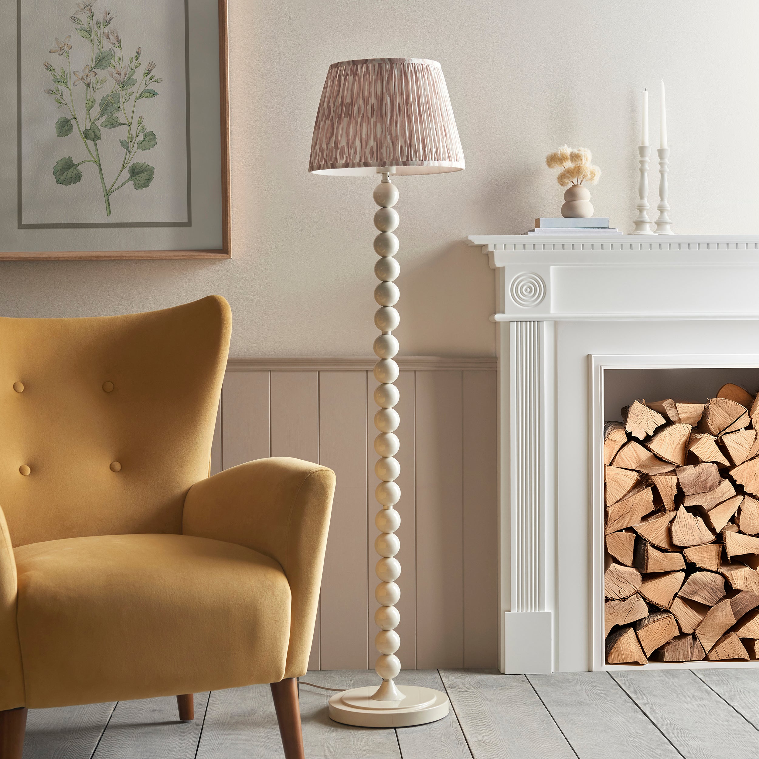 Endon Higgledy Gloss Almond White Floor Lamp & Ikat 35cm Neutral Shade
