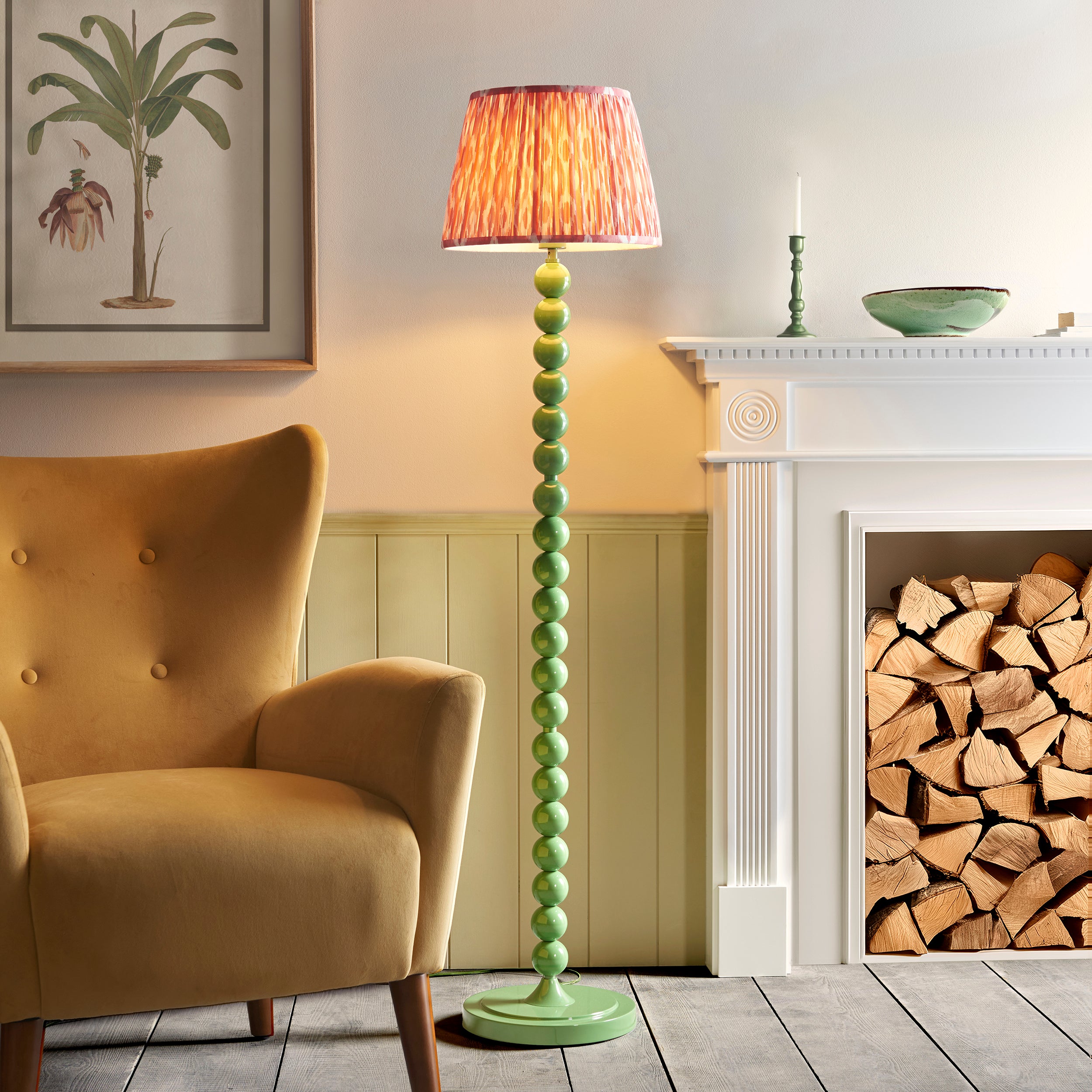 Endon Higgledy Gloss Cotswold Green Floor Lamp & Ikat 35cm Coral Pink Shade