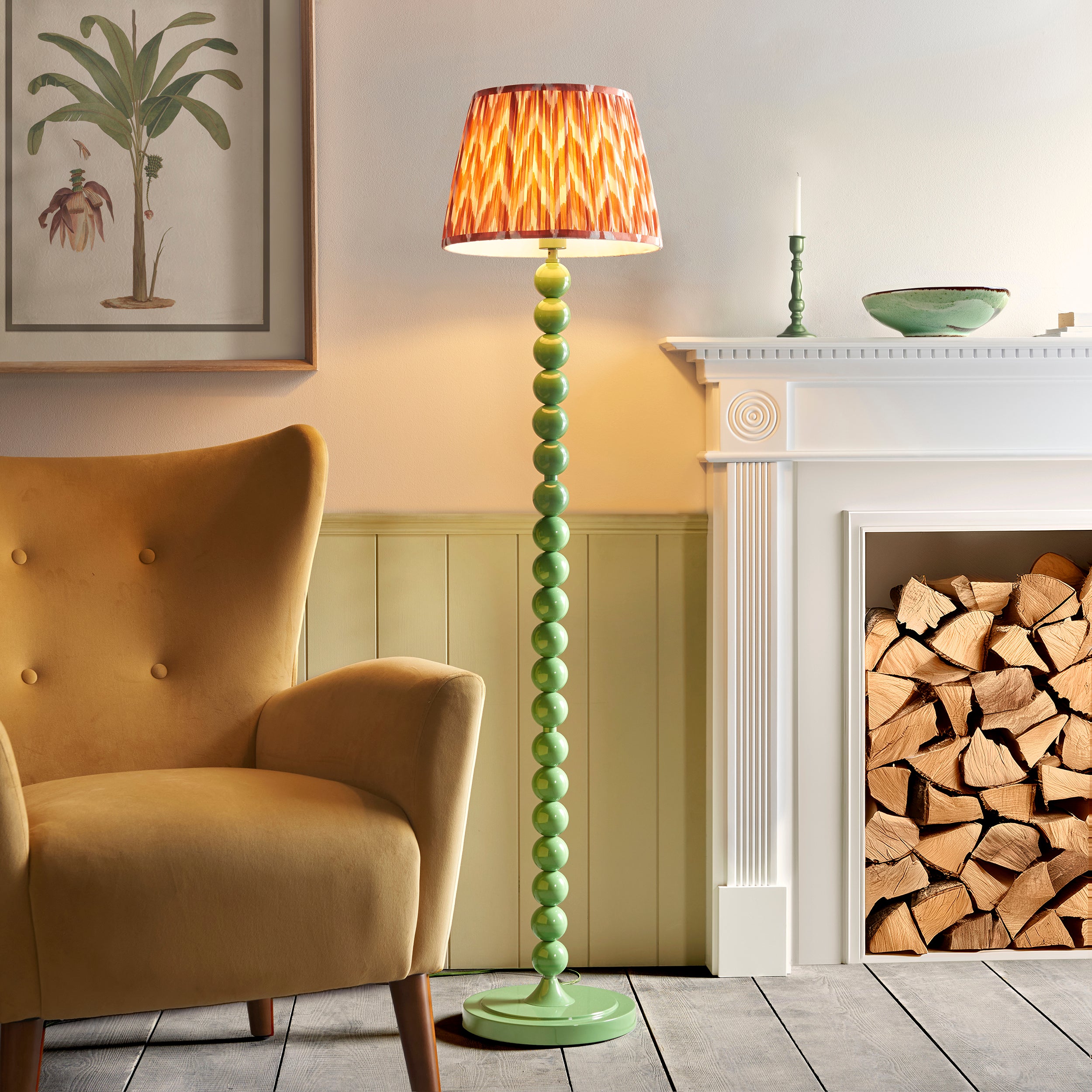 Endon Higgledy Gloss Cotswold Green Floor Lamp & Zigzag 35cm Apricot Orange Shade