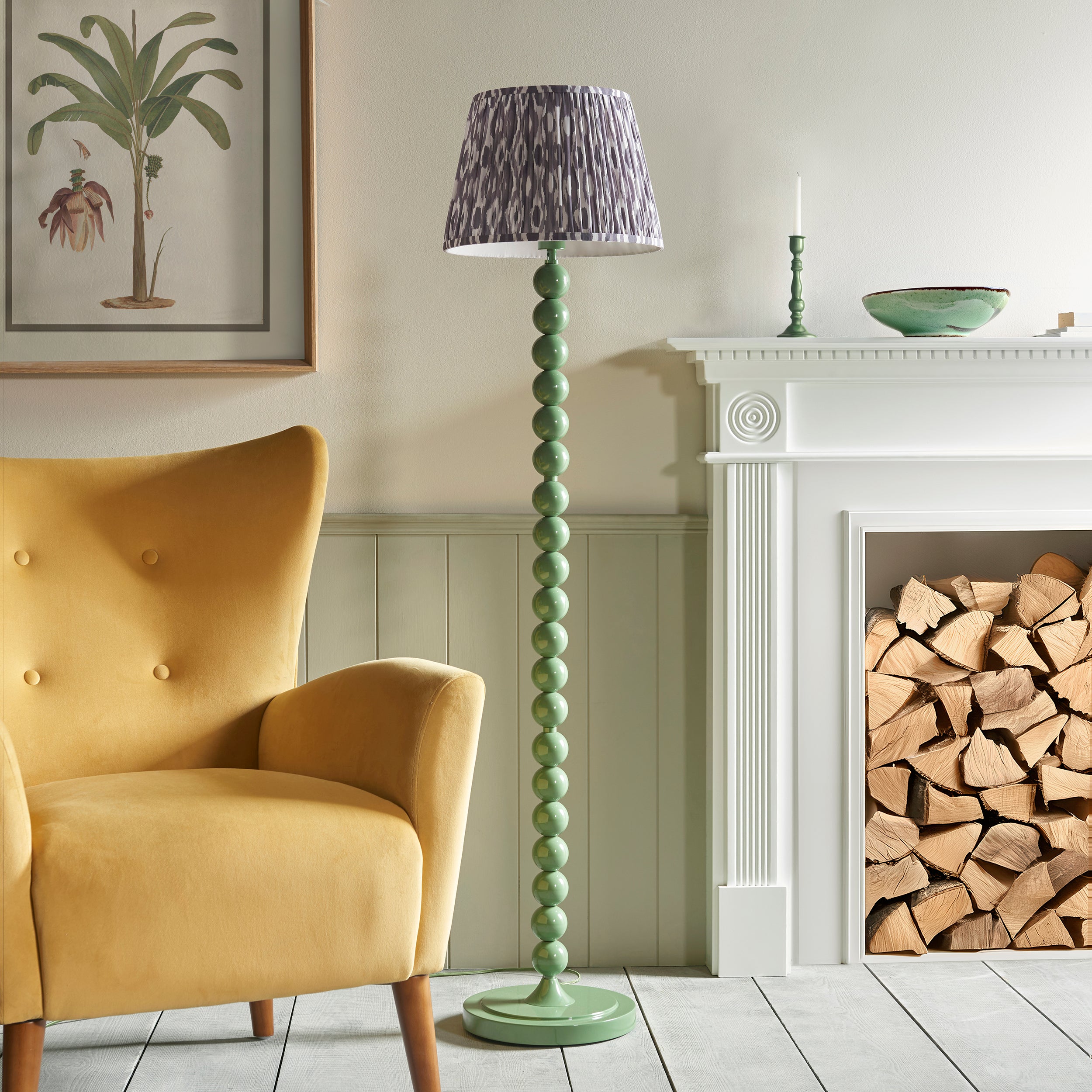 Endon Higgledy Gloss Cotswold Green Floor Lamp & Ikat 35cm Pearl Grey Shade