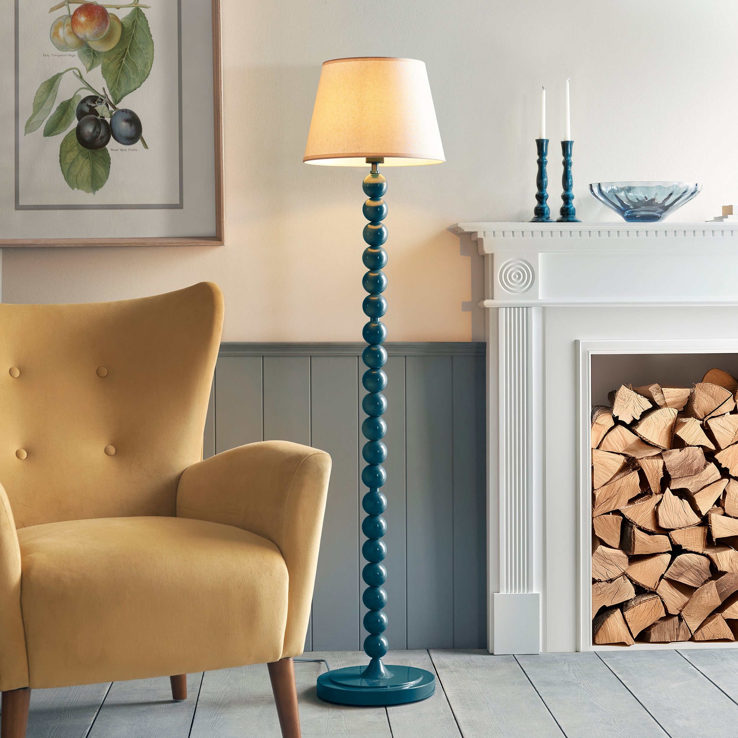 Endon Higgledy Gloss Marlin Blue Floor Lamp & Ivy 35cm Vintage White Shade