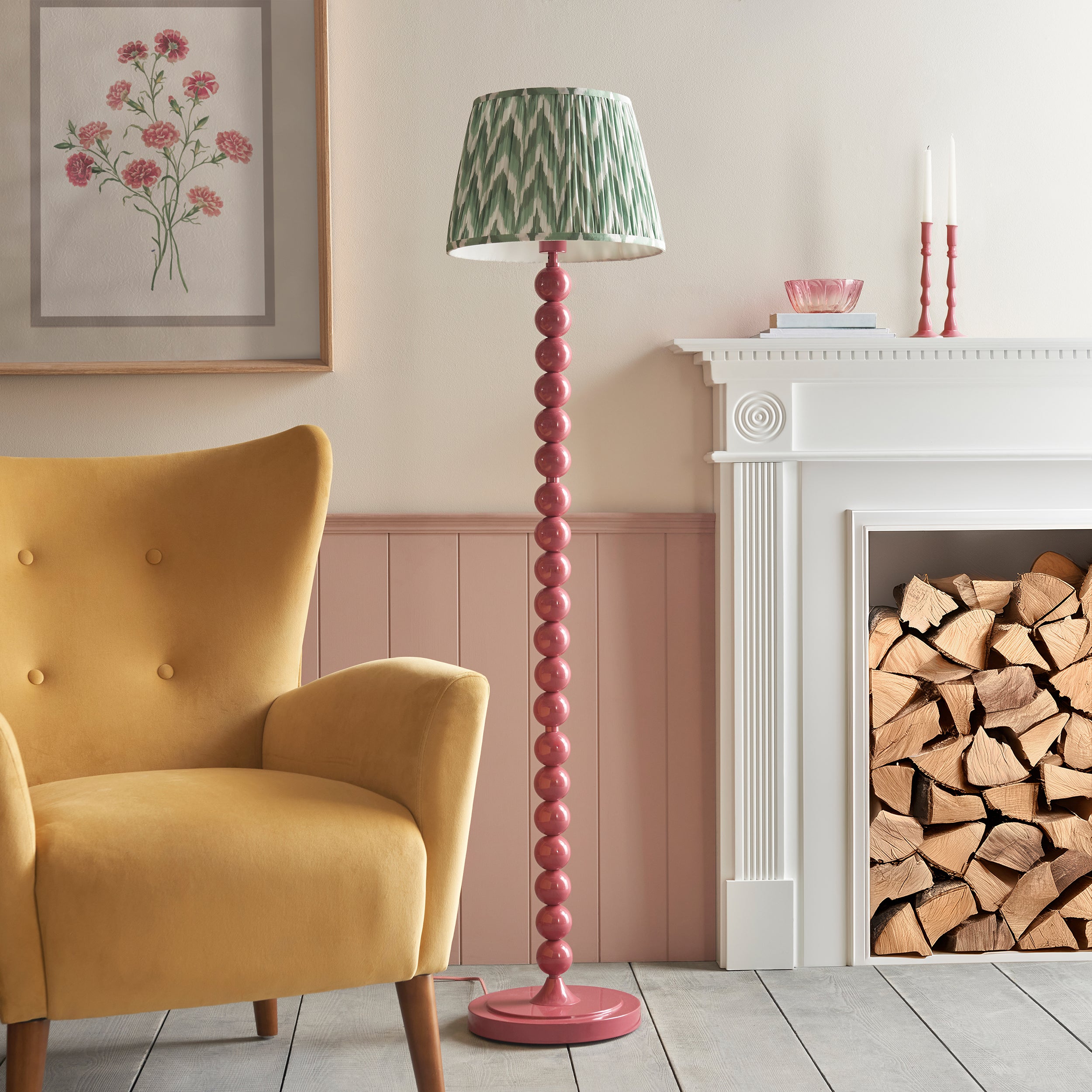 Endon Higgledy Gloss Pink Clay Floor Lamp & Zigzag 35cm Cotswold Green Shade