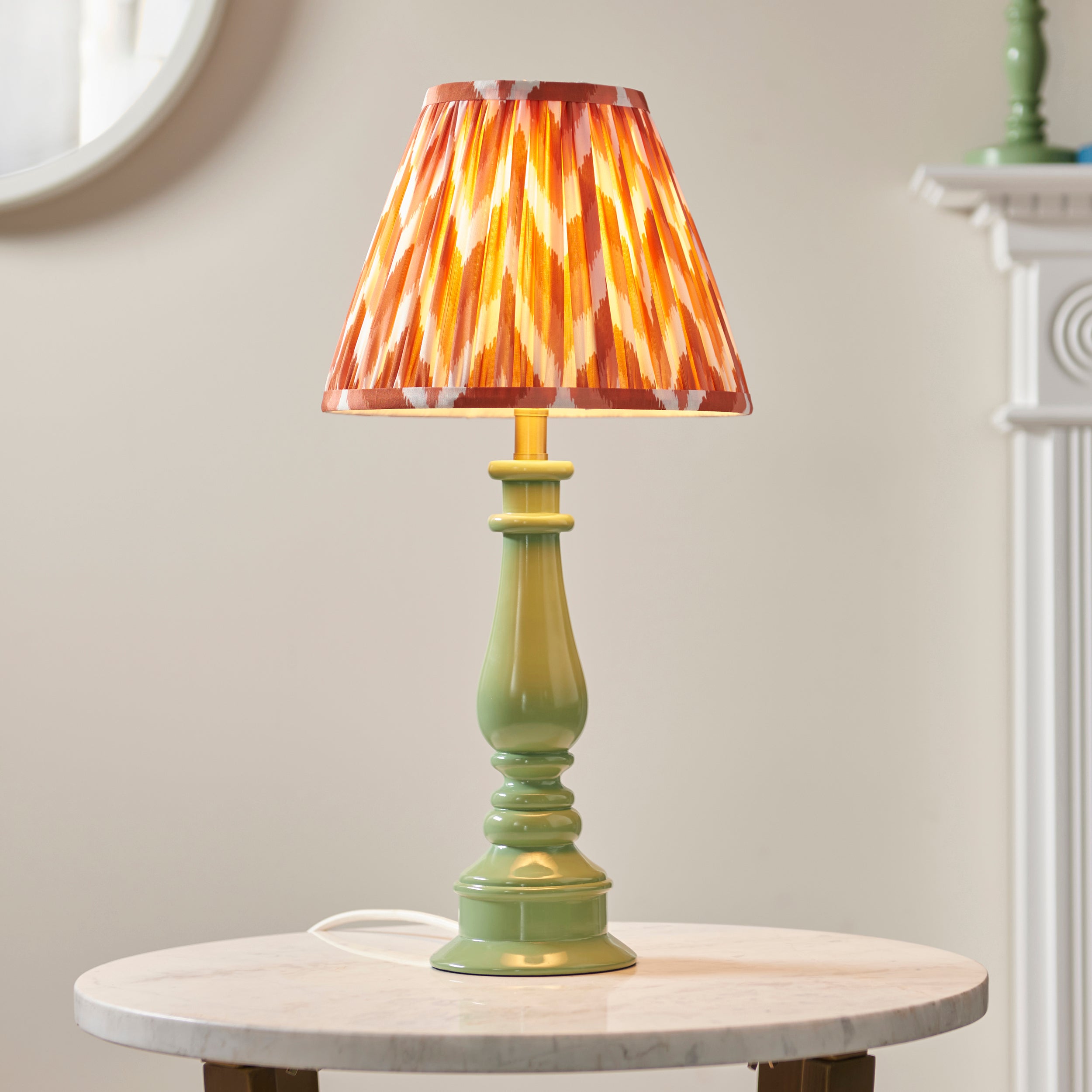 Endon Myrtle Gloss Cotswold Green Table Lamp & Zigzag 25cm Apricot Orange Shade