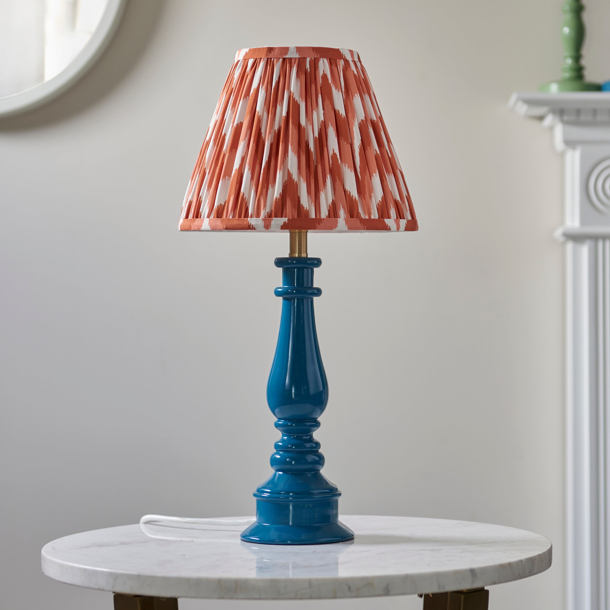 Endon Myrtle Gloss Marlin Blue Table Lamp & Zigzag 25cm Apricot Orange Shade