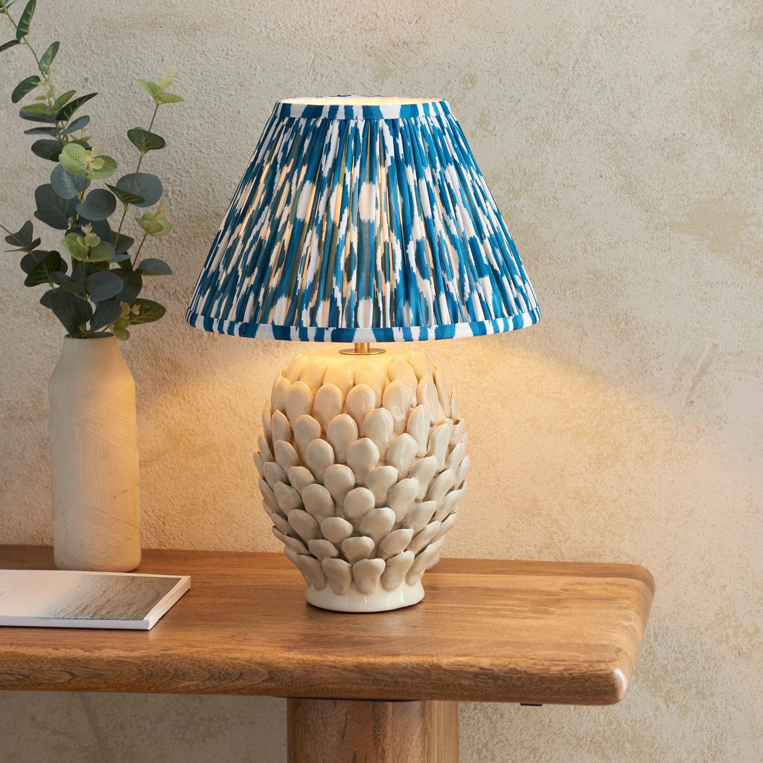 Endon Layered Leaf Ivory Crackle Glaze Ceramic Table Lamp & Ikat 30cm Marlin Blue Shade