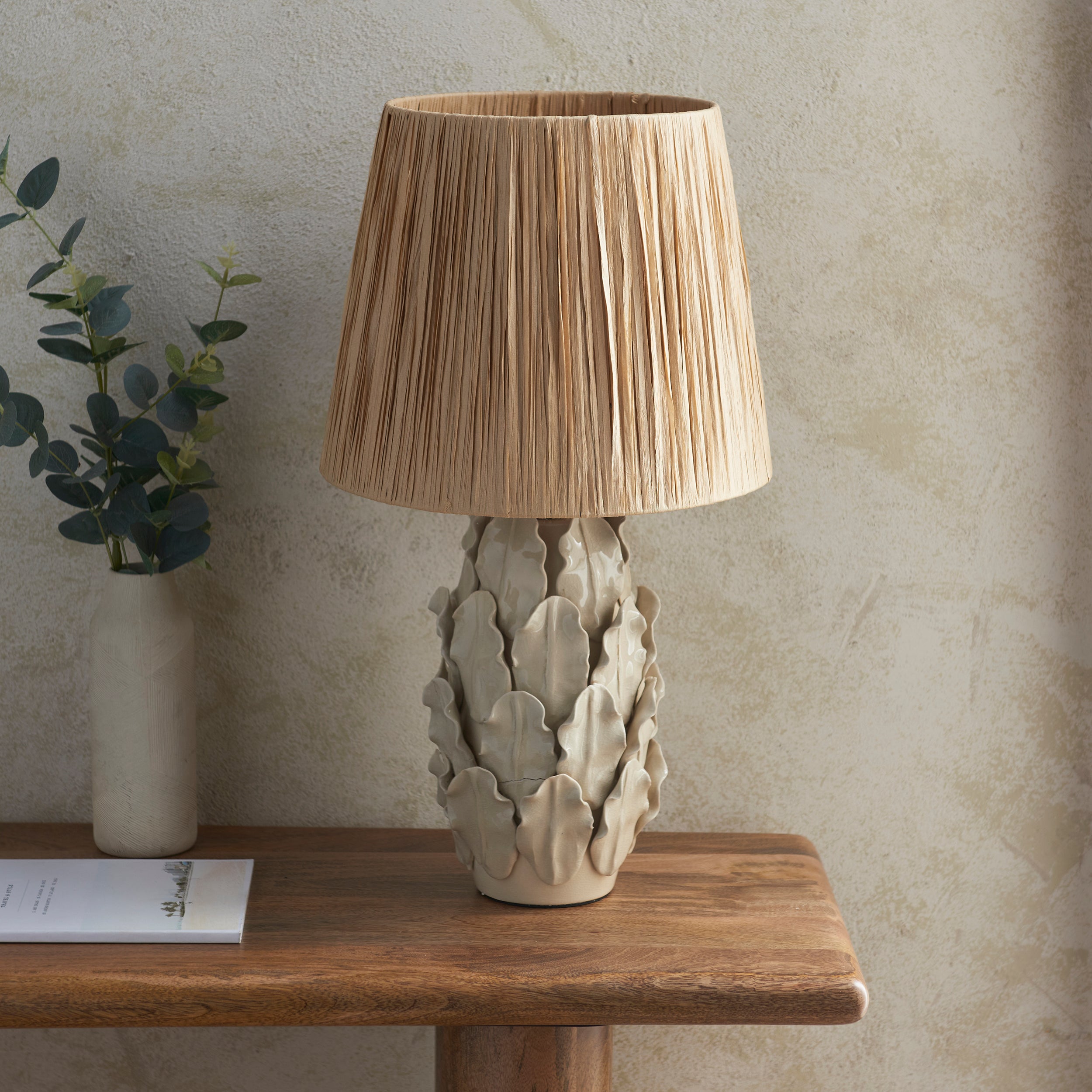 Endon Layered Decorative Leaf Ivory Crackle Glaze Ceramic Table Lamp & Raffia 32cm Natural Raffia Shade