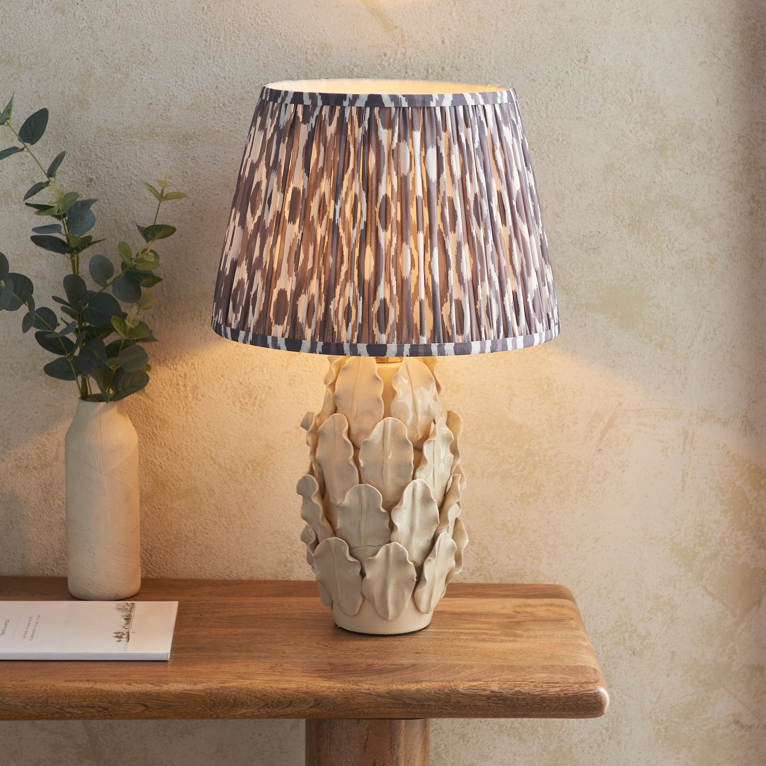 Endon Layered Leaf Ivory Crackle Glaze Ceramic Table Lamp & Ikat 35cm Pearl Grey Shade