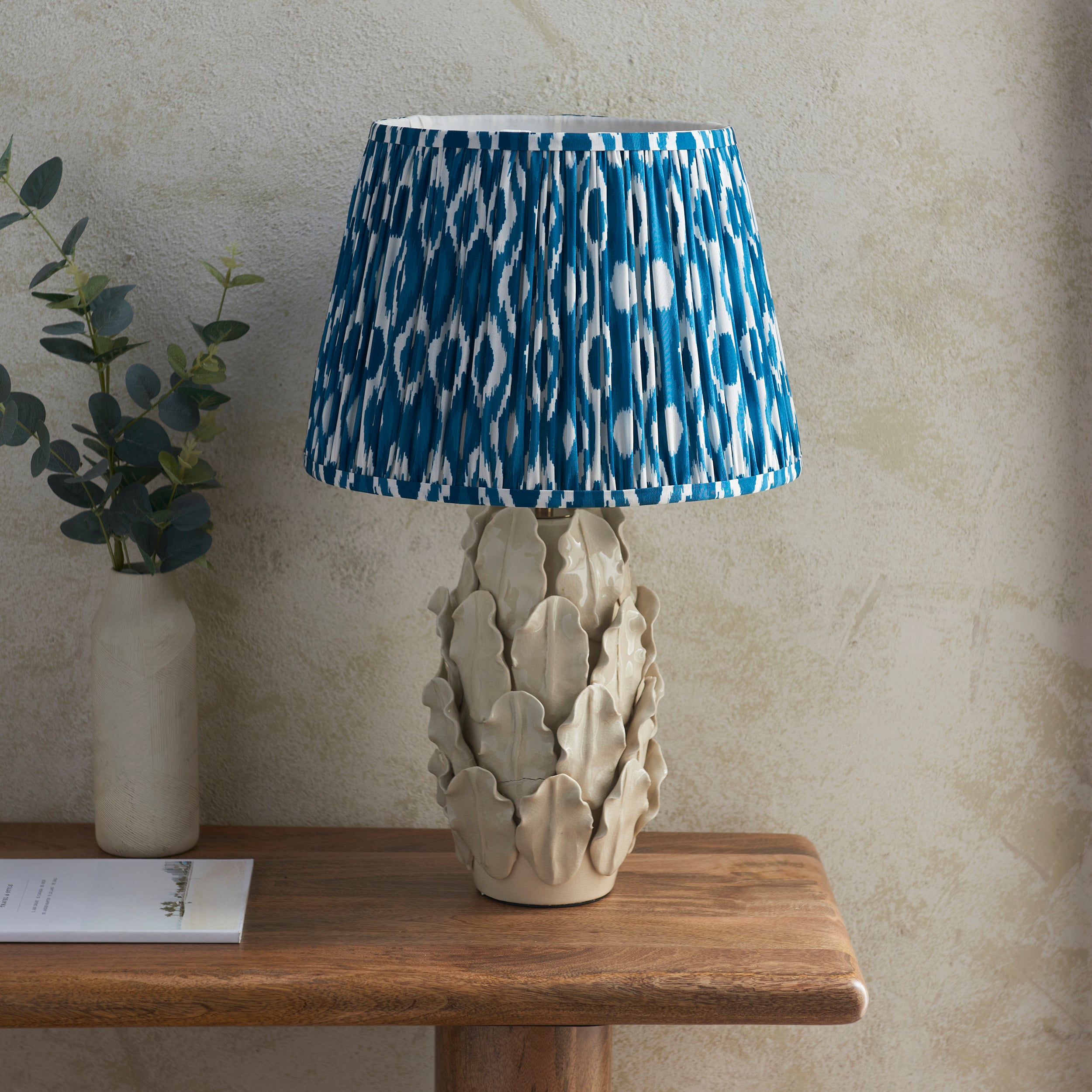 Endon Layered Leaf Ivory Crackle Glaze Ceramic Table Lamp & Ikat 35cm Marlin Blue Shade