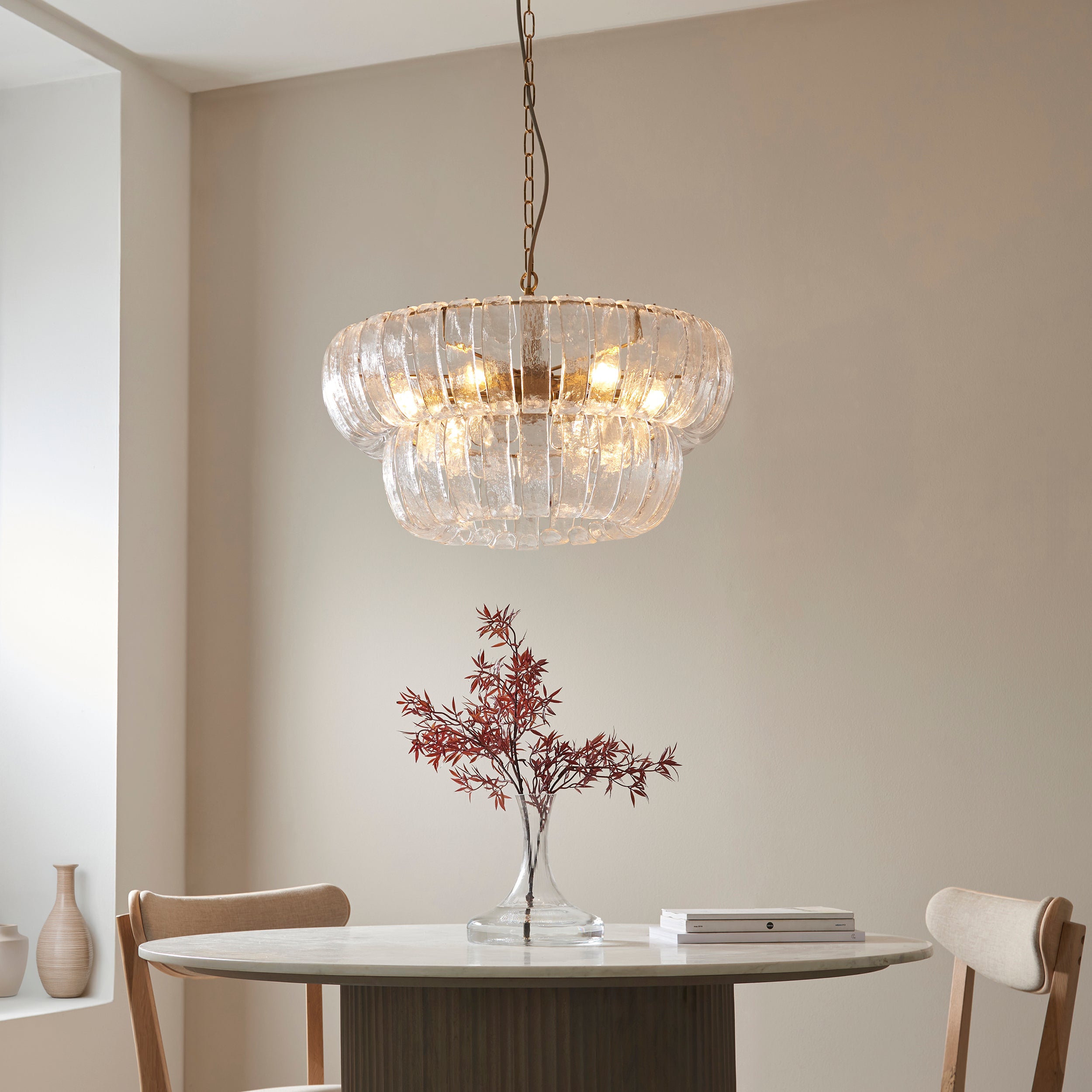 Endon Montrose 6 Light Pendant - Brushed Aged Brass Plate & Handmade Clear Textured Glass