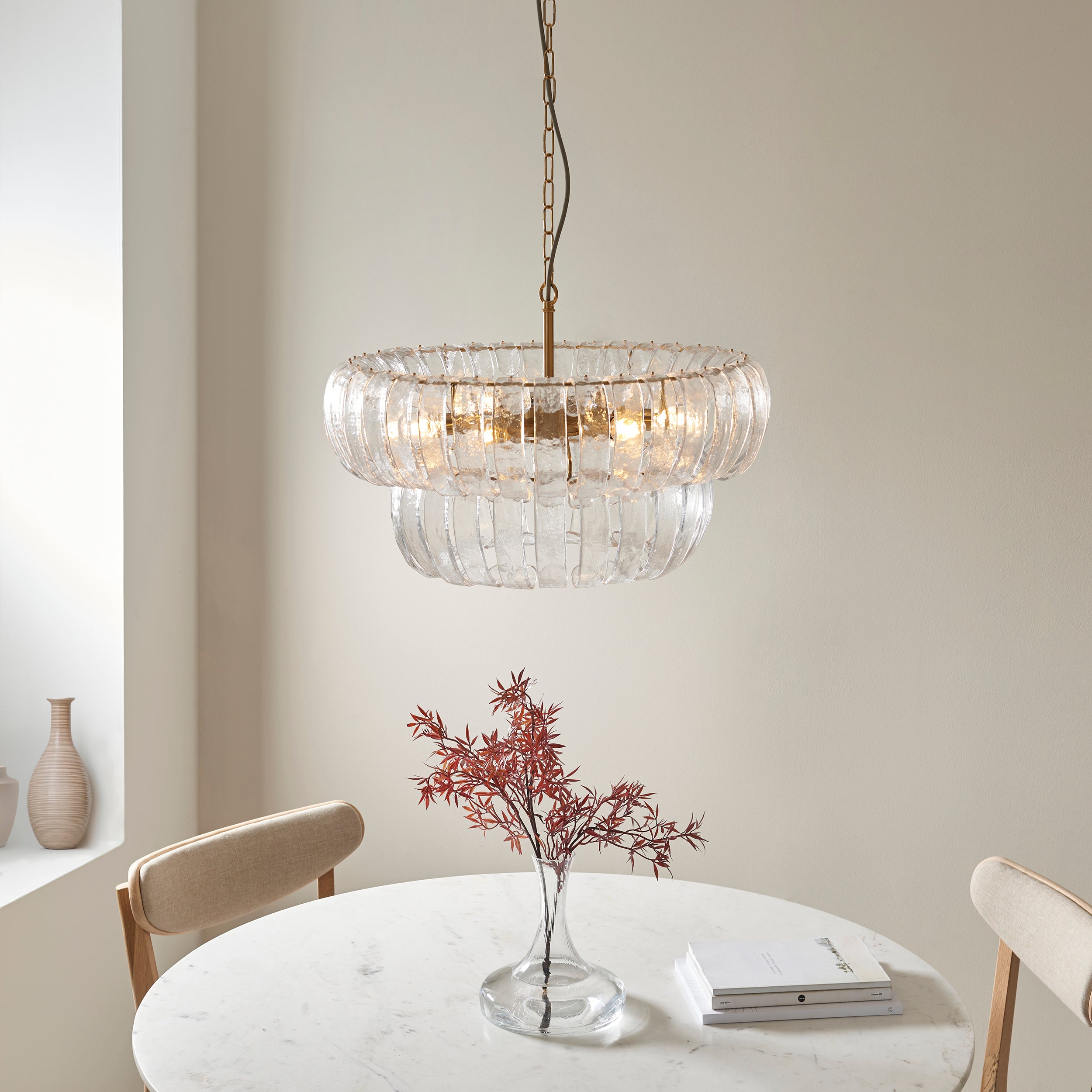 Endon Montrose 6 Light Pendant - Brushed Aged Brass Plate & Handmade Clear Textured Glass