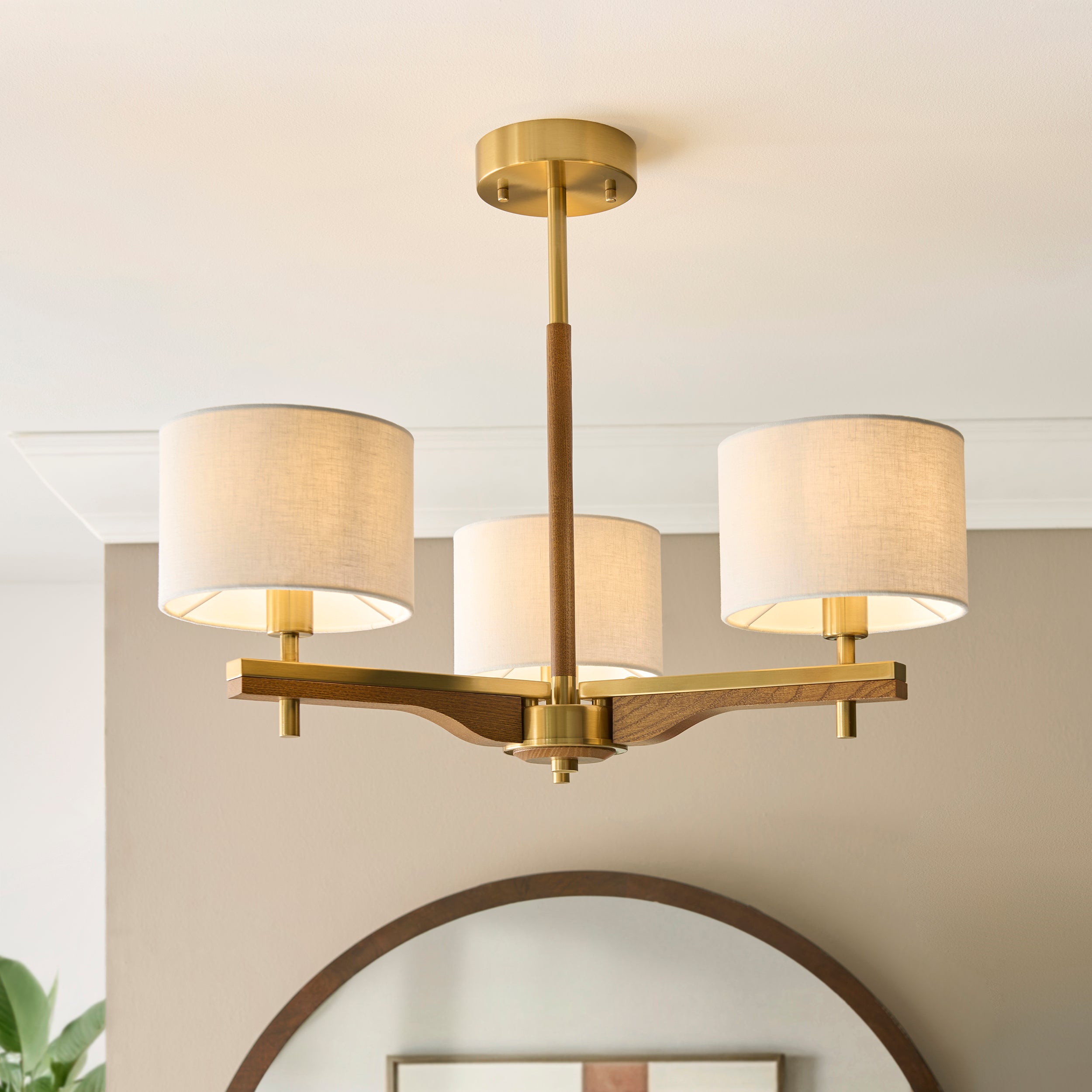 Endon Heathcliff 3 Light Semi-Flush Ceiling Light - Brushed Aged Brass Plate, Oak Stained Wood & Natural Faux Linen