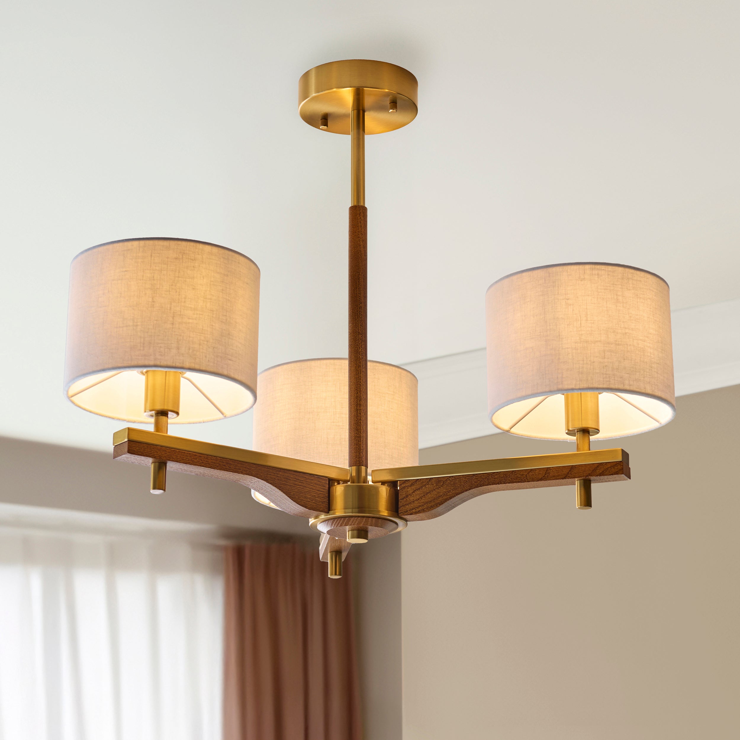 Endon Heathcliff 3 Light Semi-Flush Ceiling Light - Brushed Aged Brass Plate, Oak Stained Wood & Natural Faux Linen