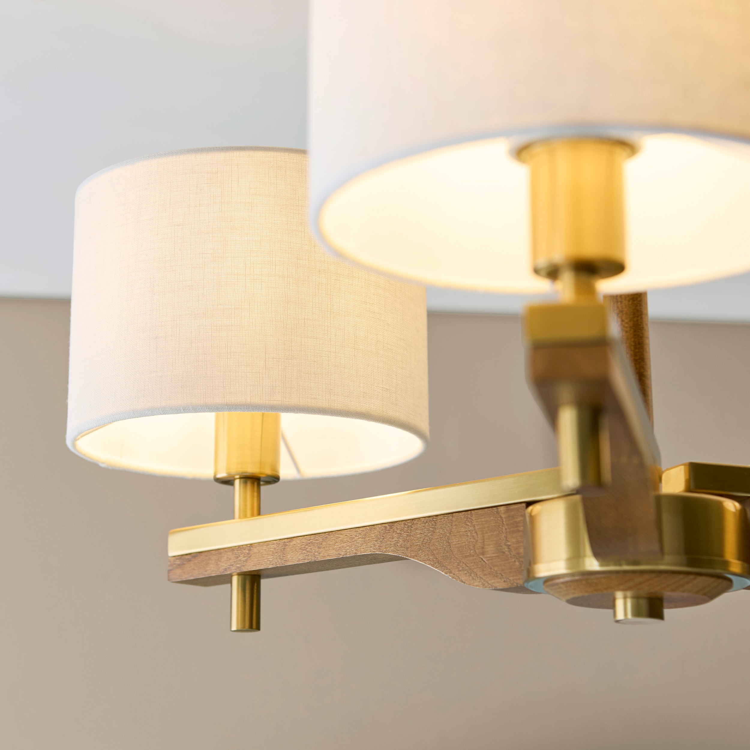 Endon Heathcliff 3 Light Semi-Flush Ceiling Light - Brushed Aged Brass Plate, Oak Stained Wood & Natural Faux Linen