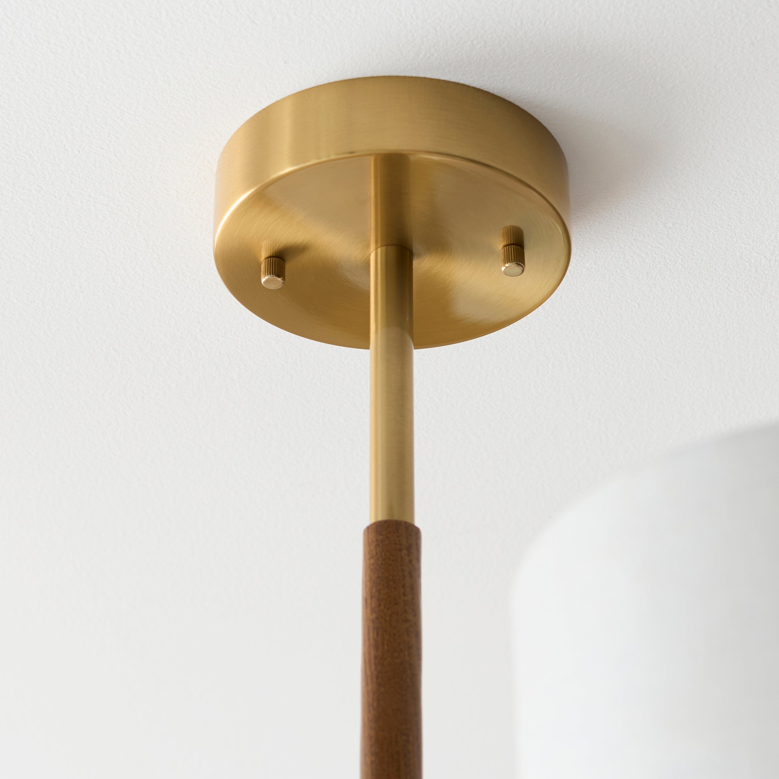 Endon Heathcliff 3 Light Semi-Flush Ceiling Light - Brushed Aged Brass Plate, Oak Stained Wood & Natural Faux Linen
