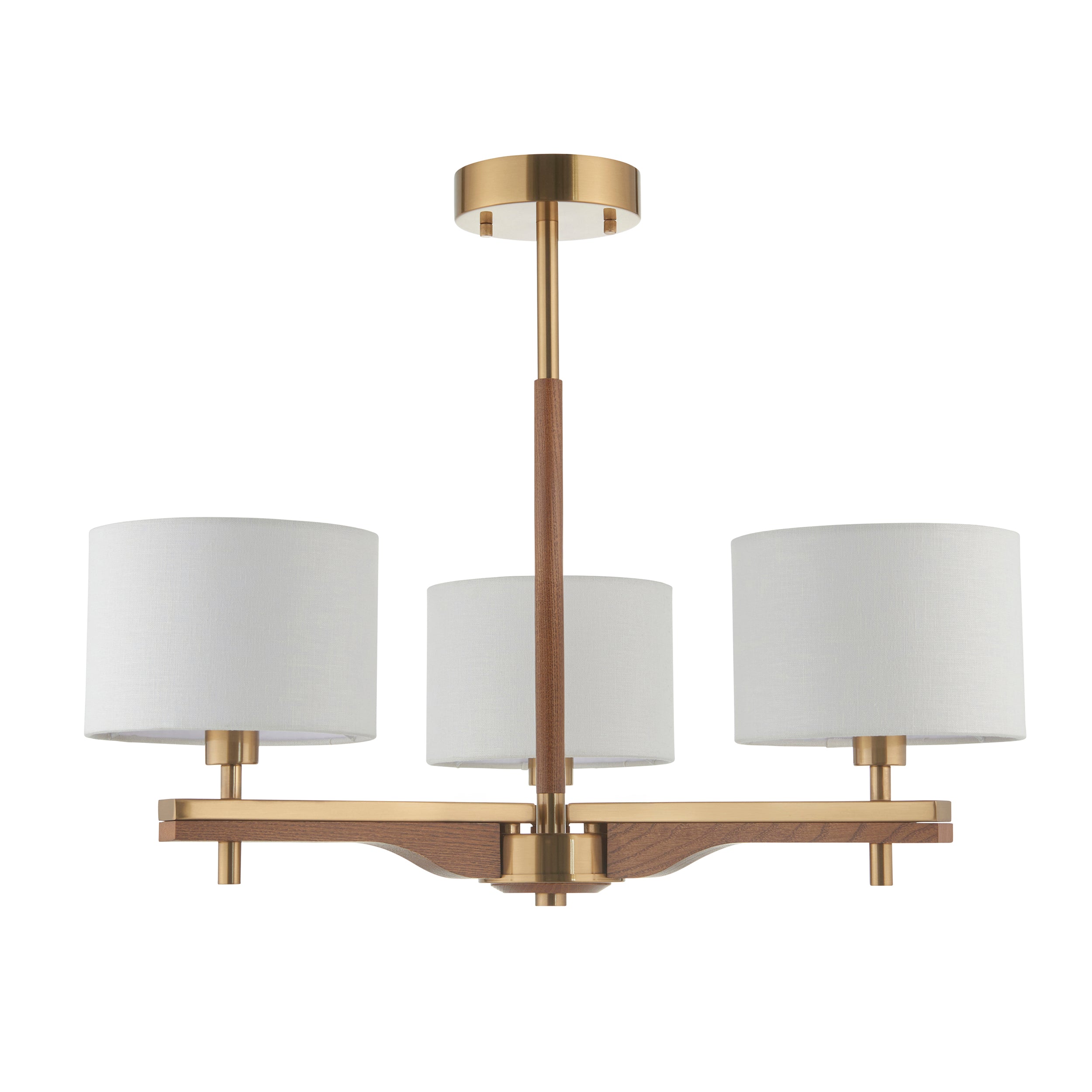 Endon Heathcliff 3 Light Semi-Flush Ceiling Light - Brushed Aged Brass Plate, Oak Stained Wood & Natural Faux Linen