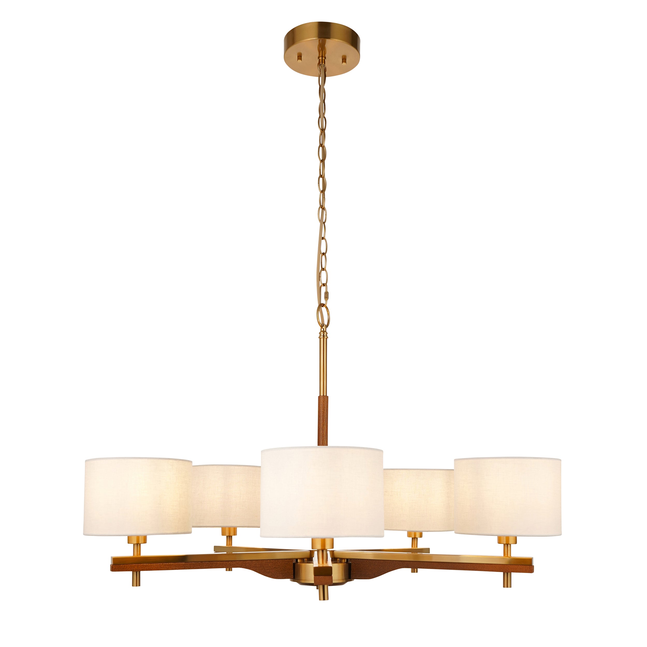 Endon Heathcliff 5 Light Pendant - Brushed Aged Brass Plate, Oak Stained Wood & Natural Faux Linen
