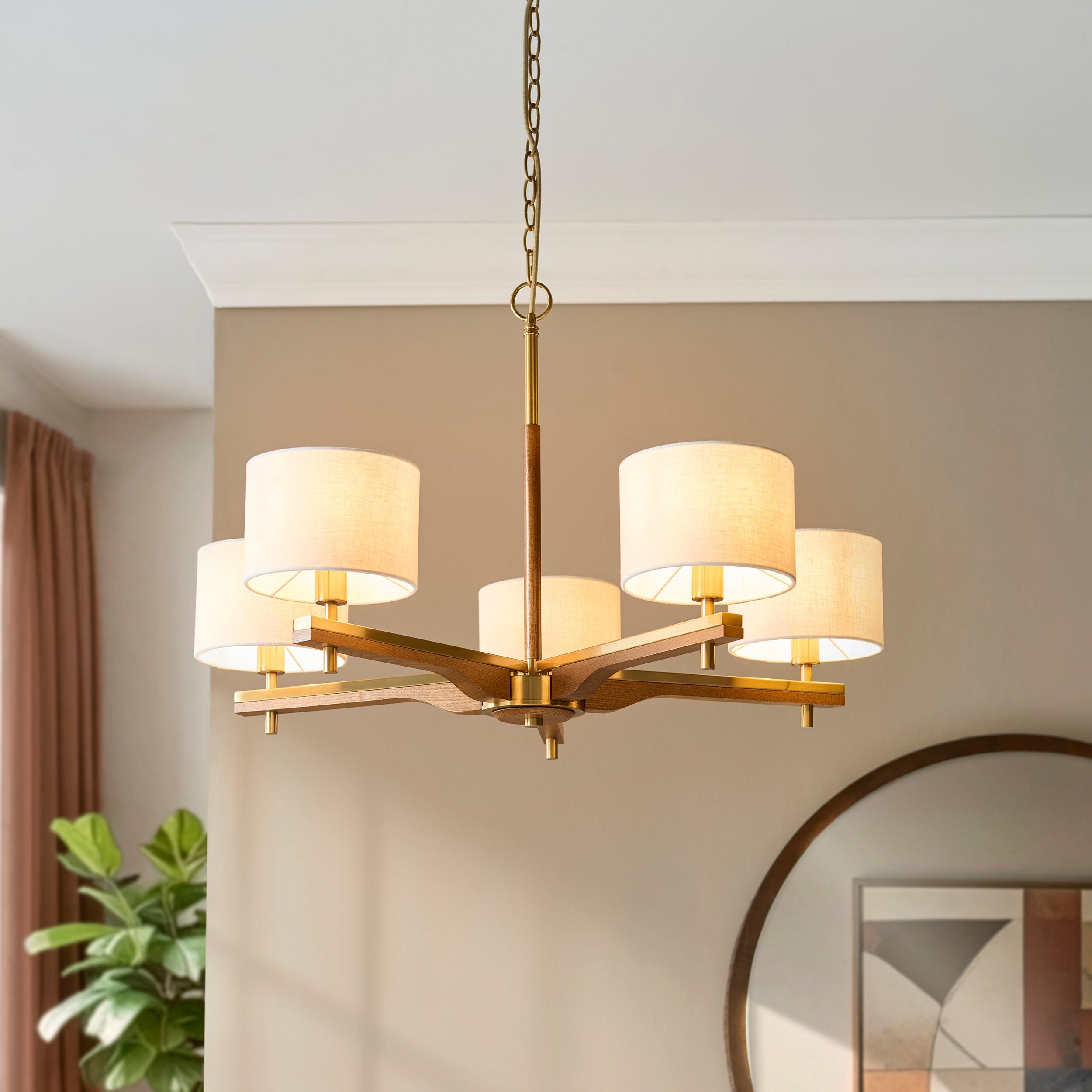 Endon Heathcliff 5 Light Pendant - Brushed Aged Brass Plate, Oak Stained Wood & Natural Faux Linen