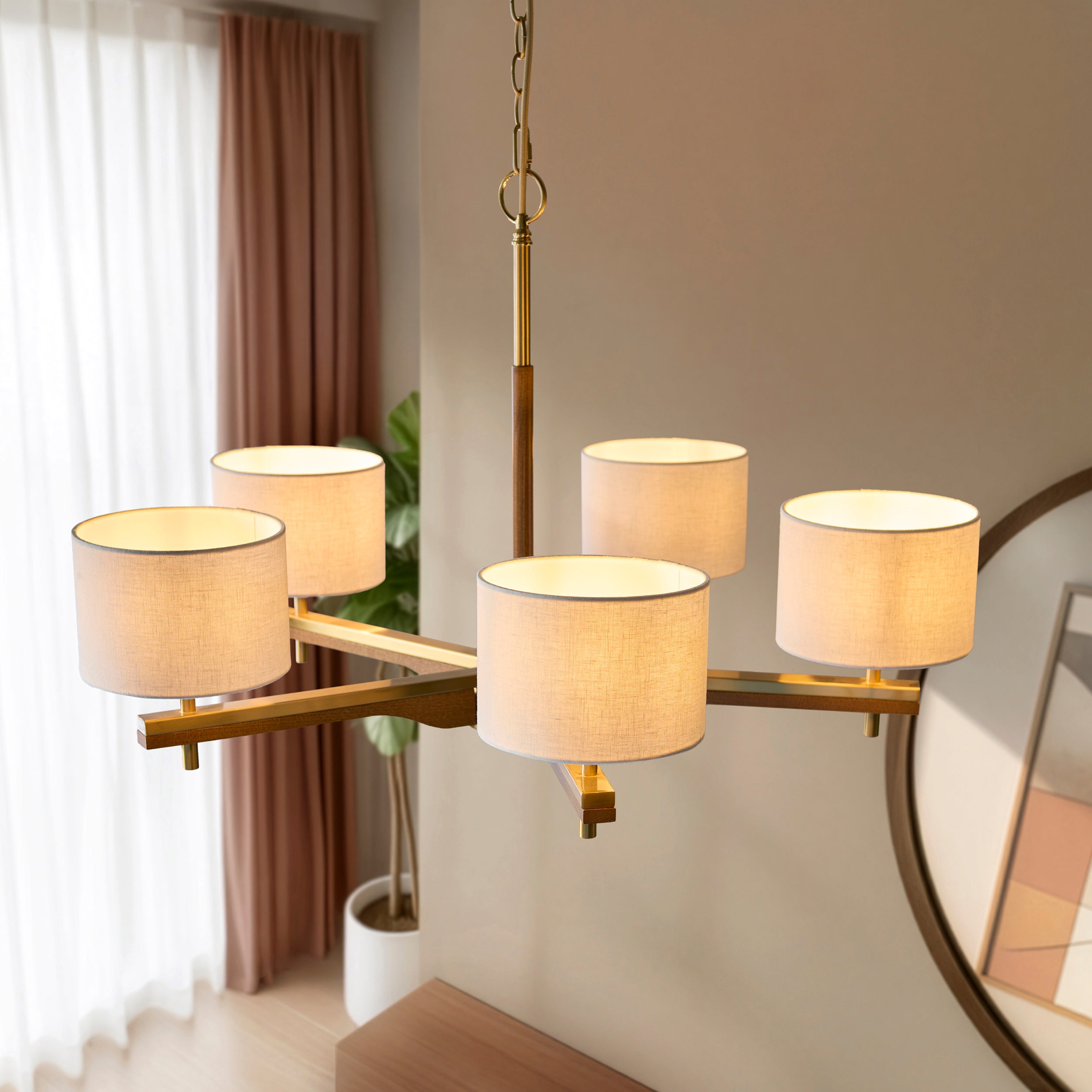 Endon Heathcliff 5 Light Pendant - Brushed Aged Brass Plate, Oak Stained Wood & Natural Faux Linen