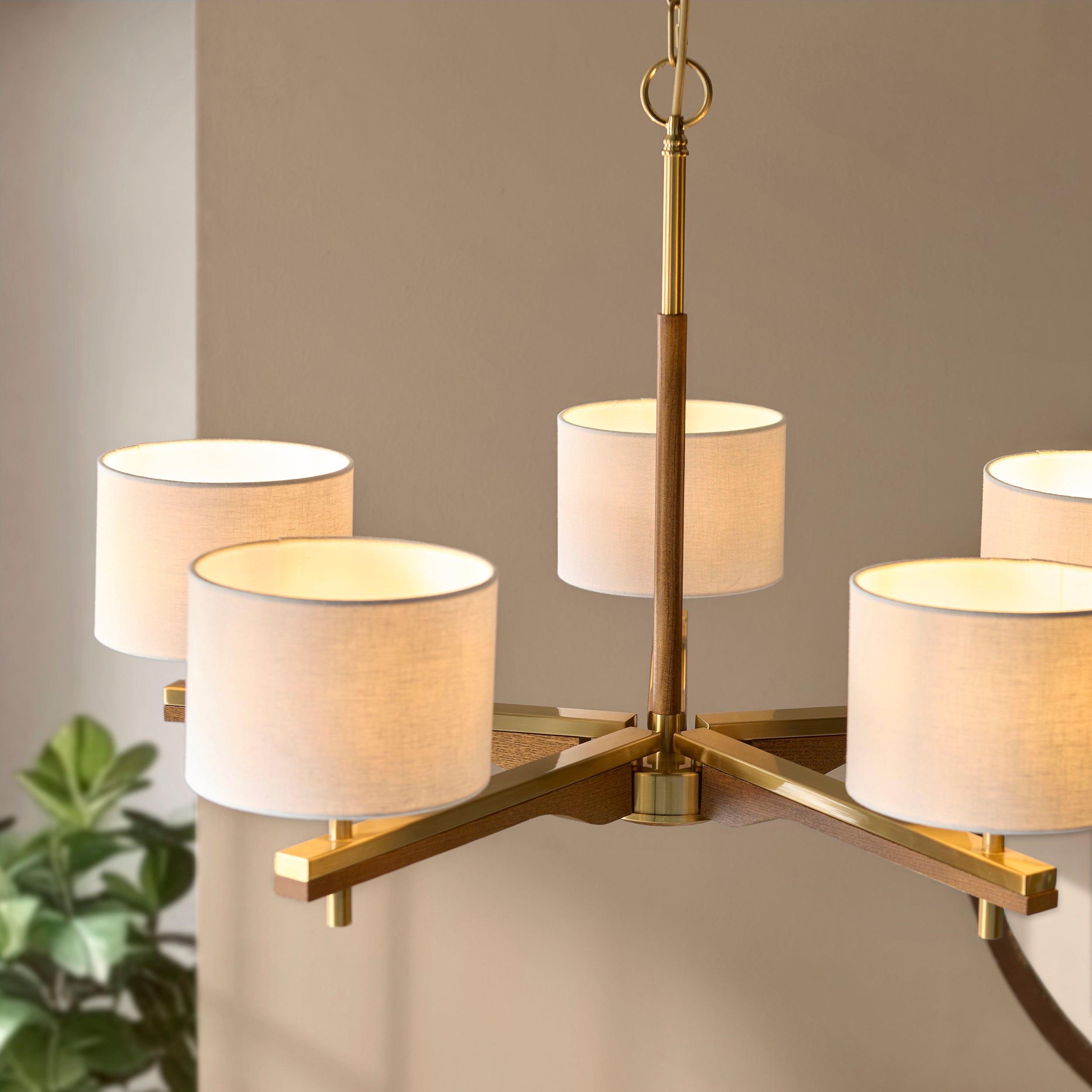 Endon Heathcliff 5 Light Pendant - Brushed Aged Brass Plate, Oak Stained Wood & Natural Faux Linen