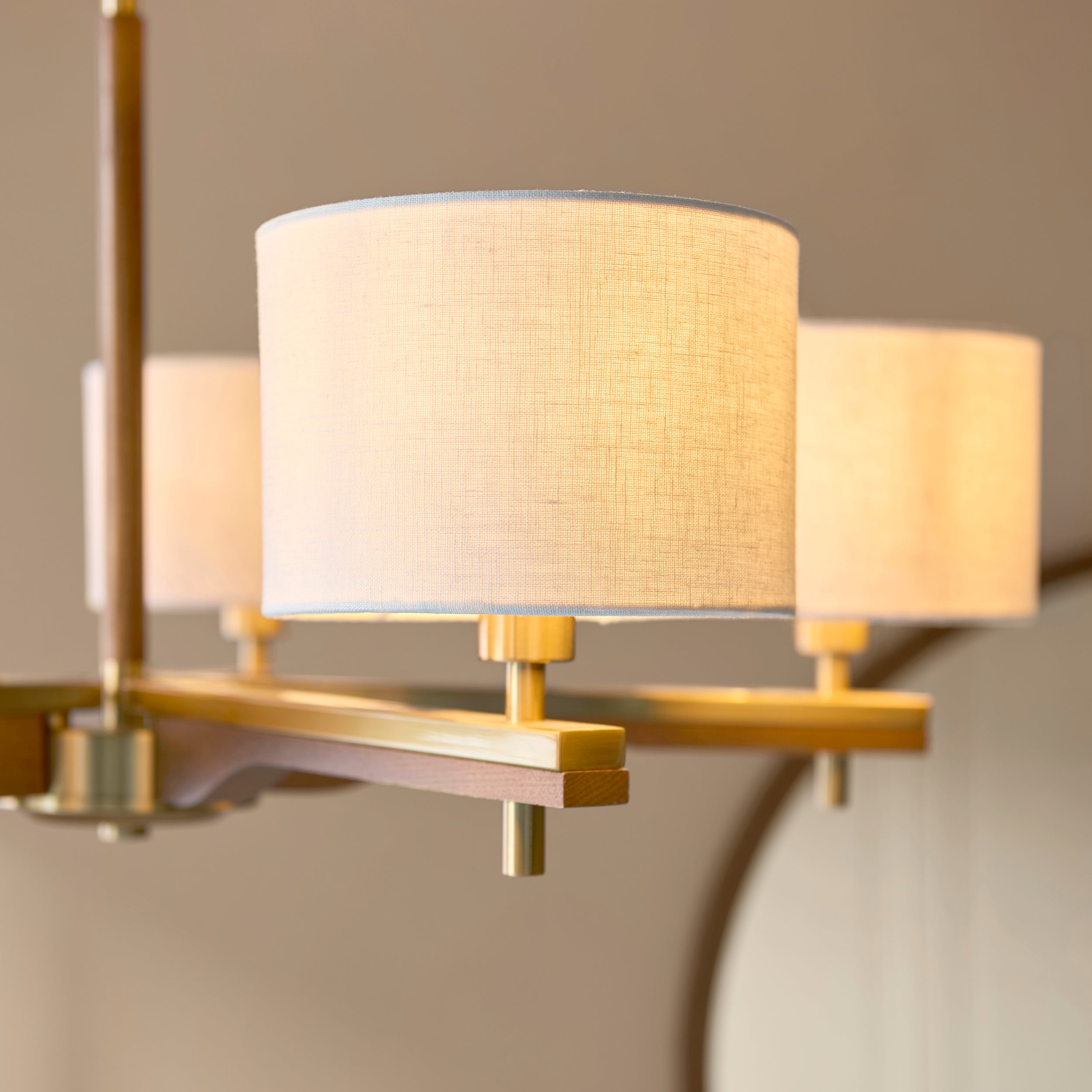 Endon Heathcliff 5 Light Pendant - Brushed Aged Brass Plate, Oak Stained Wood & Natural Faux Linen
