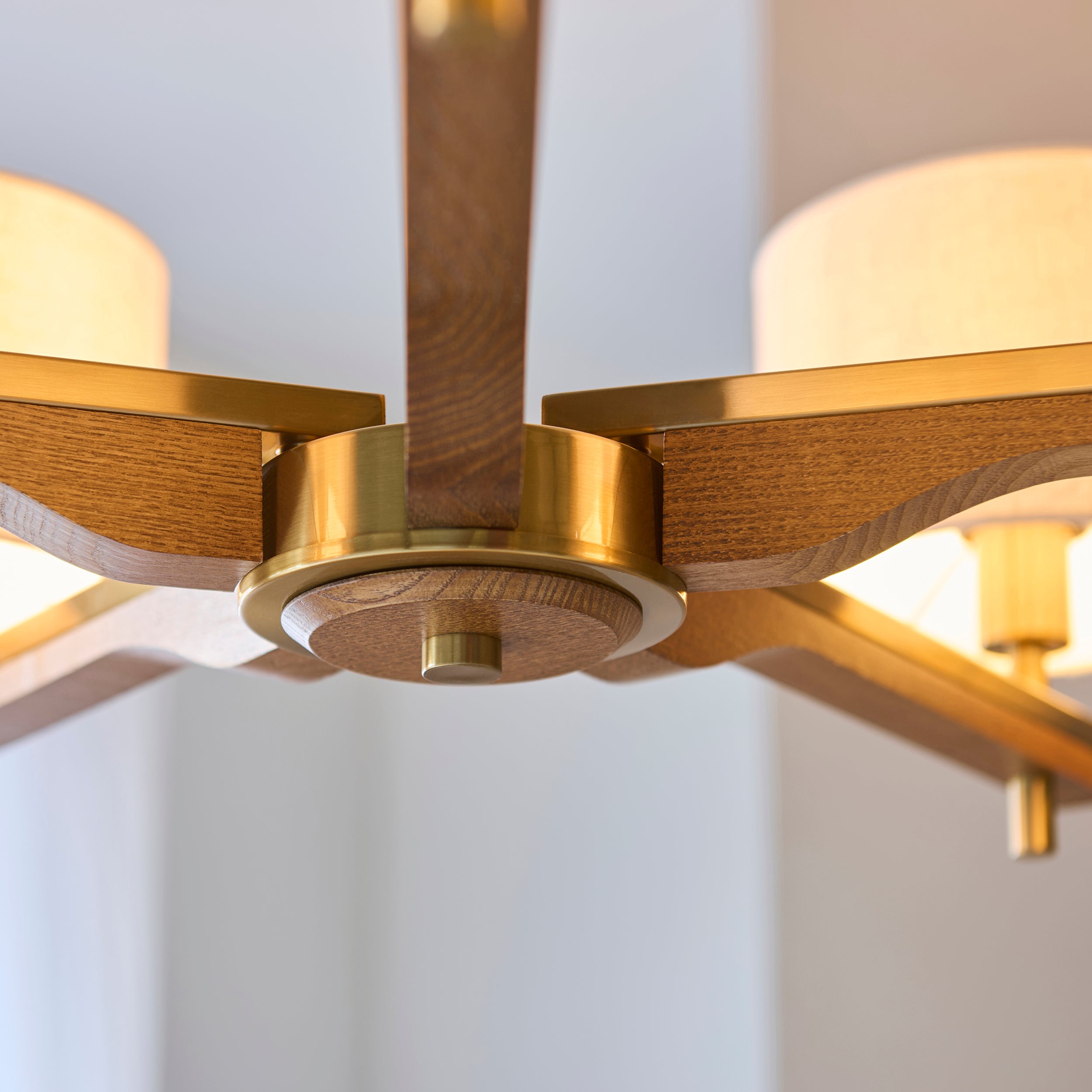 Endon Heathcliff 5 Light Pendant - Brushed Aged Brass Plate, Oak Stained Wood & Natural Faux Linen