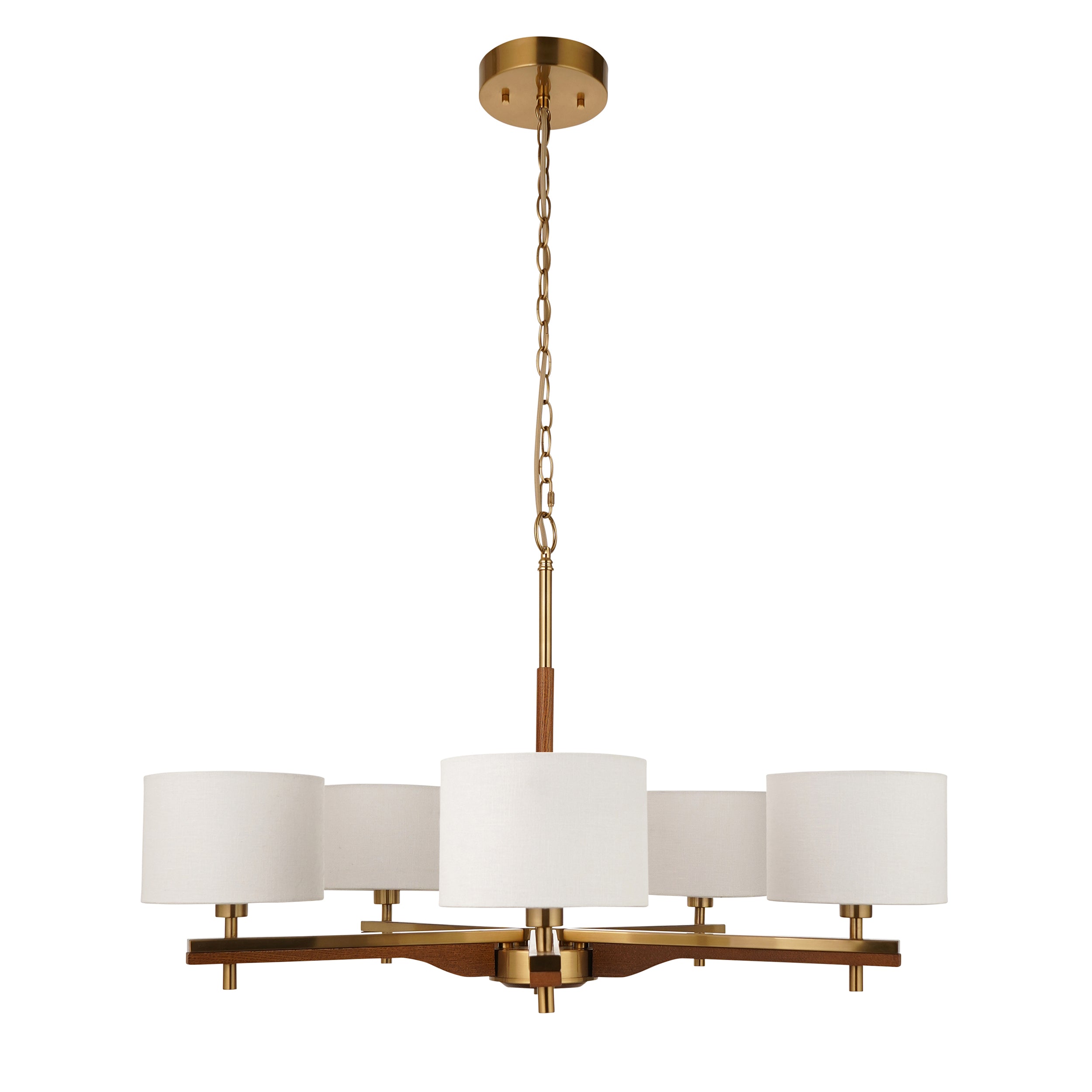 Endon Heathcliff 5 Light Pendant - Brushed Aged Brass Plate, Oak Stained Wood & Natural Faux Linen