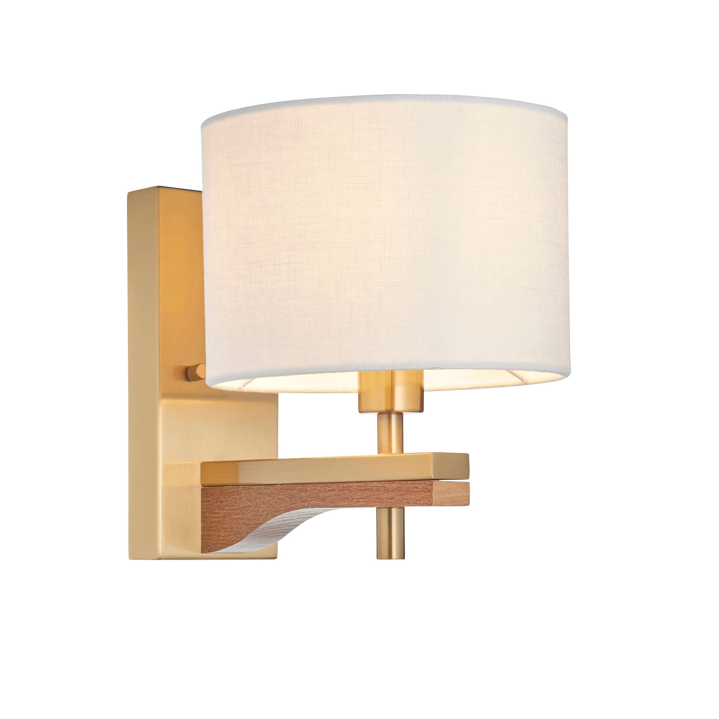 Endon Heathcliff Wall Light - Brushed Aged Brass Plate, Oak Stained Wood & Natural Faux Linen