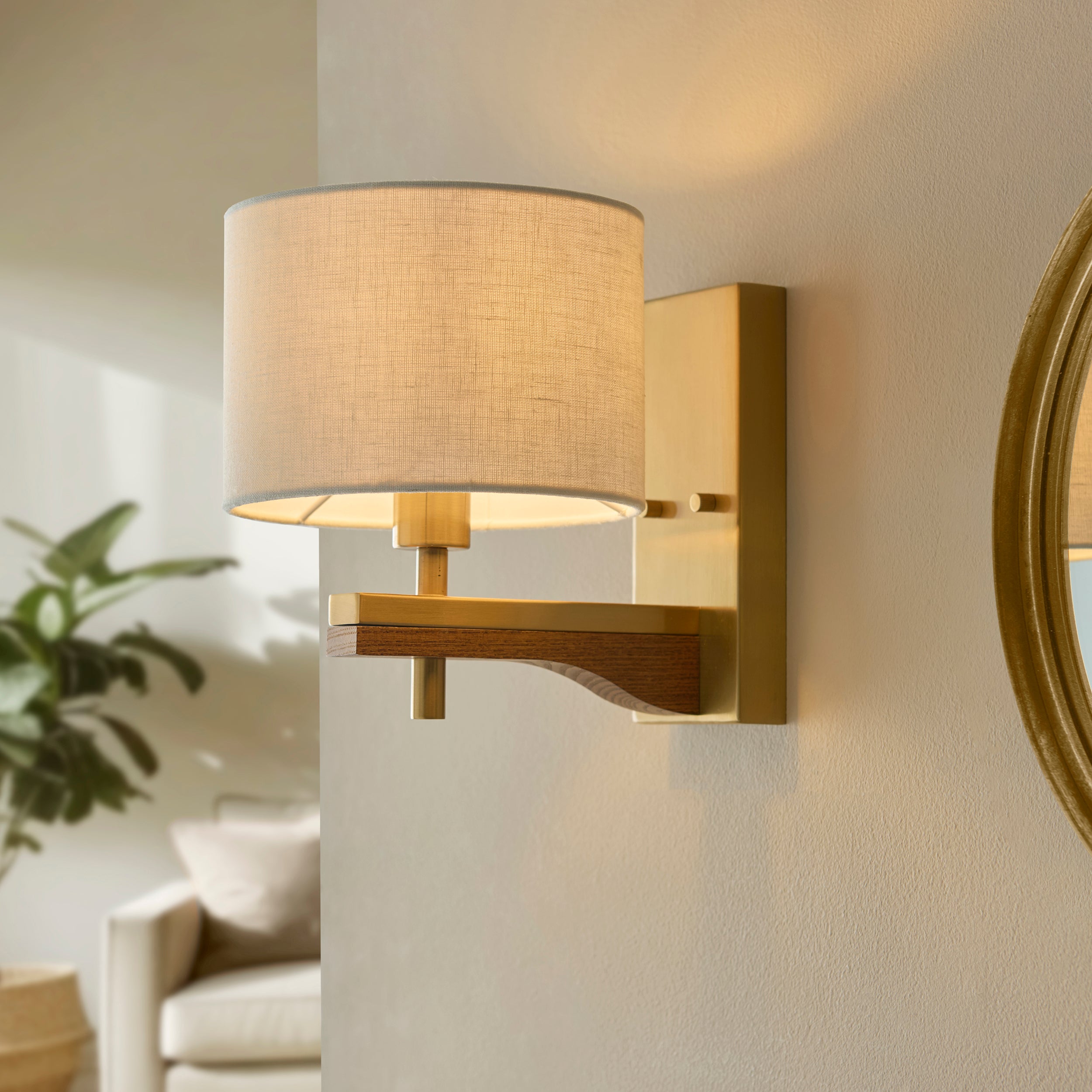 Endon Heathcliff Wall Light - Brushed Aged Brass Plate, Oak Stained Wood & Natural Faux Linen