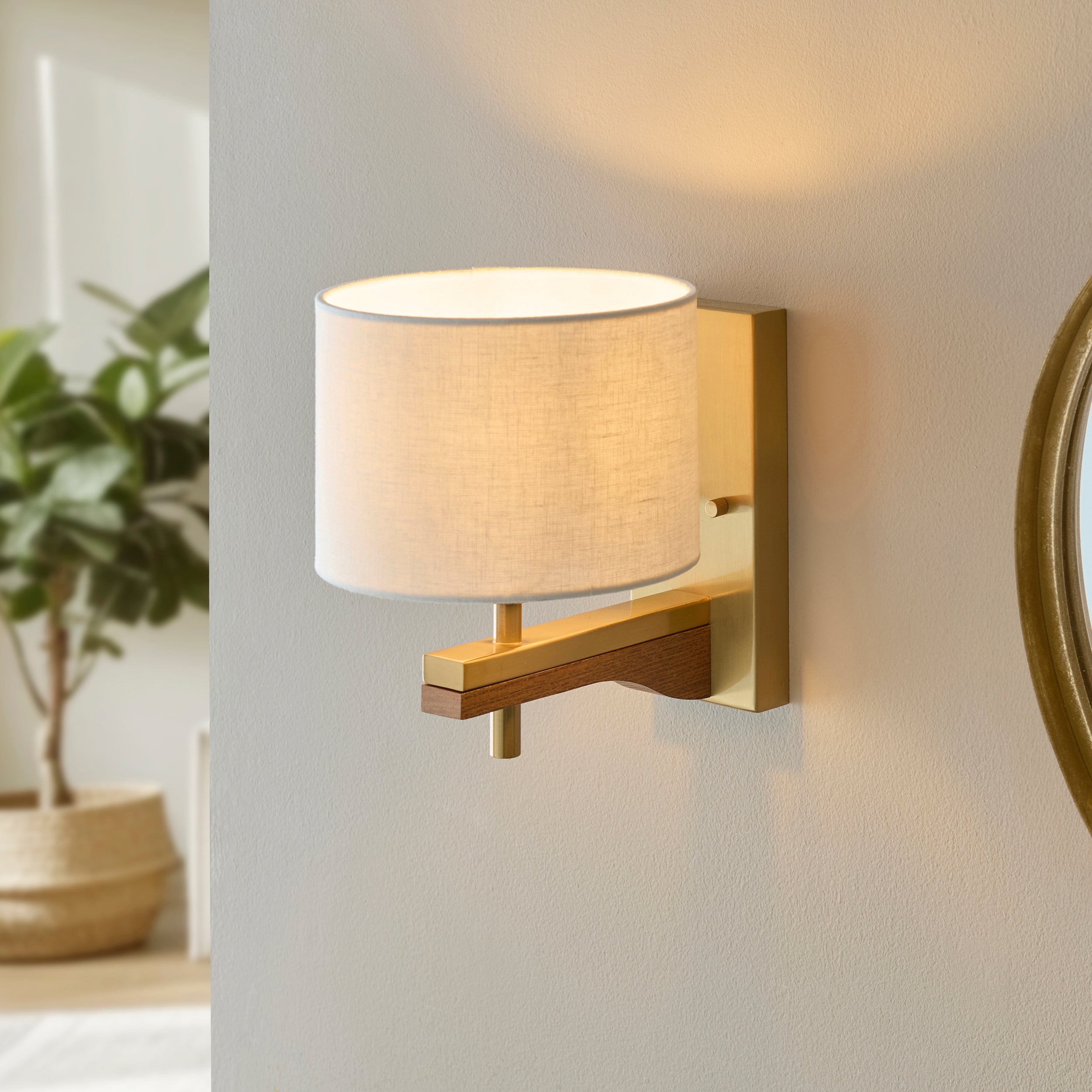 Endon Heathcliff Wall Light - Brushed Aged Brass Plate, Oak Stained Wood & Natural Faux Linen