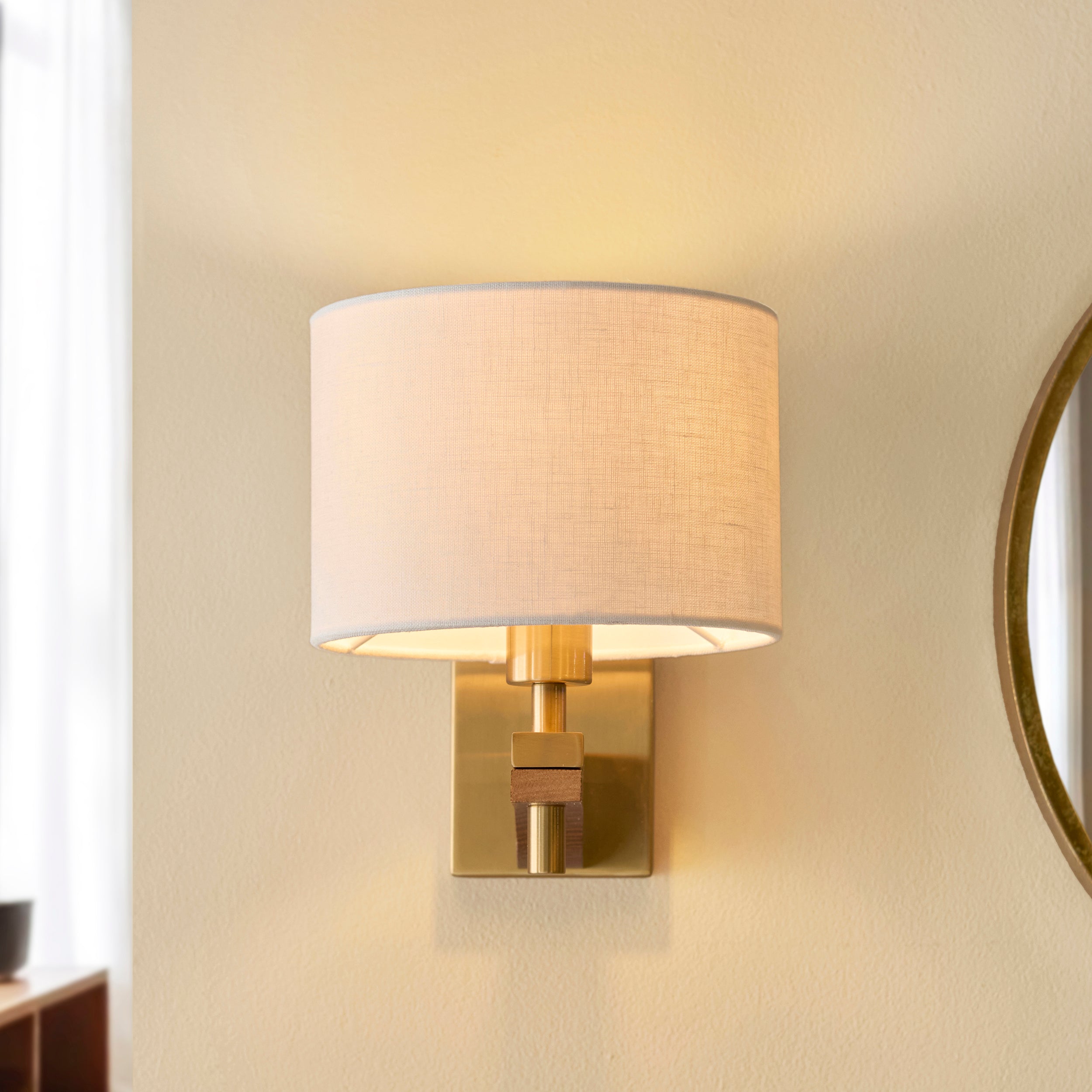 Endon Heathcliff Wall Light - Brushed Aged Brass Plate, Oak Stained Wood & Natural Faux Linen
