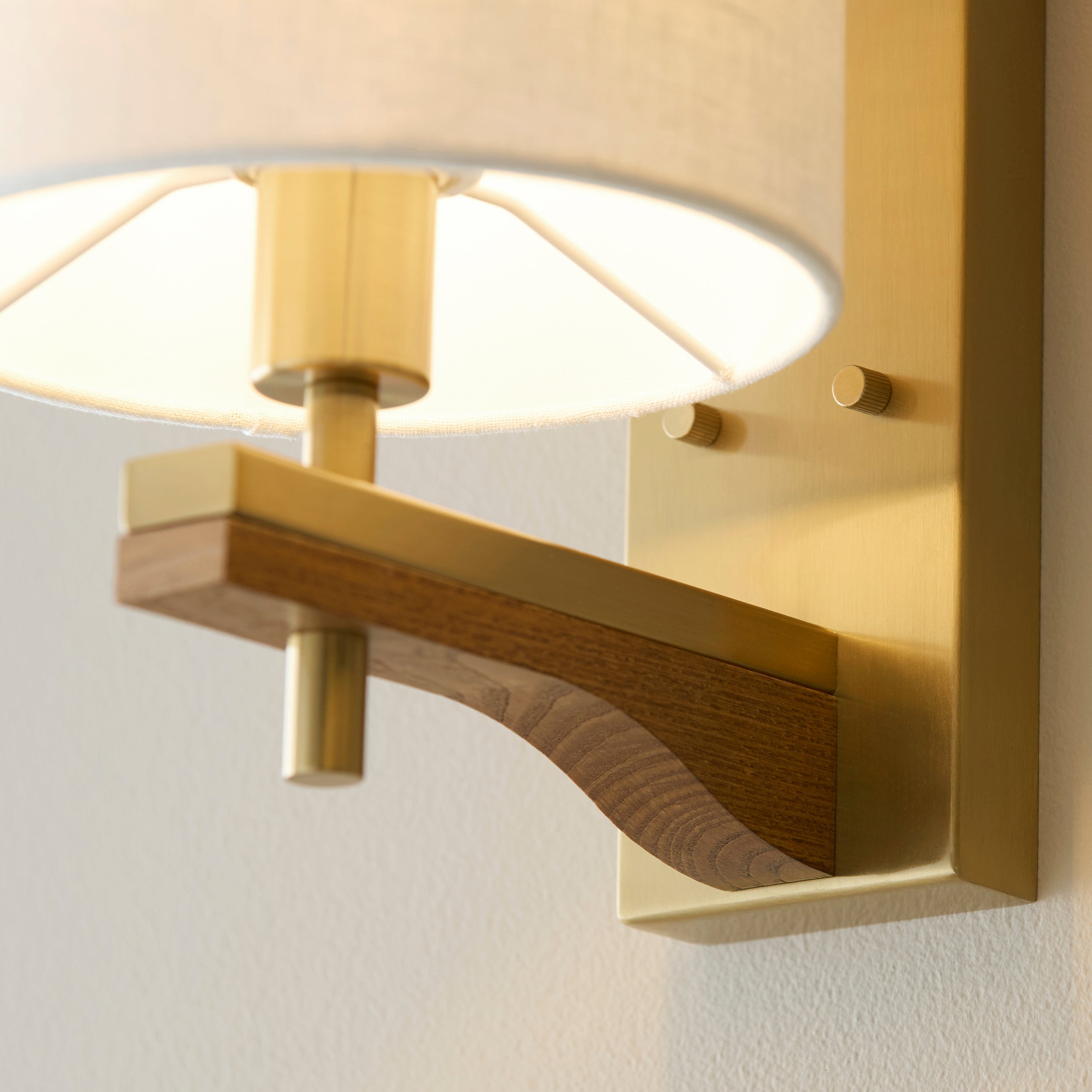 Endon Heathcliff Wall Light - Brushed Aged Brass Plate, Oak Stained Wood & Natural Faux Linen