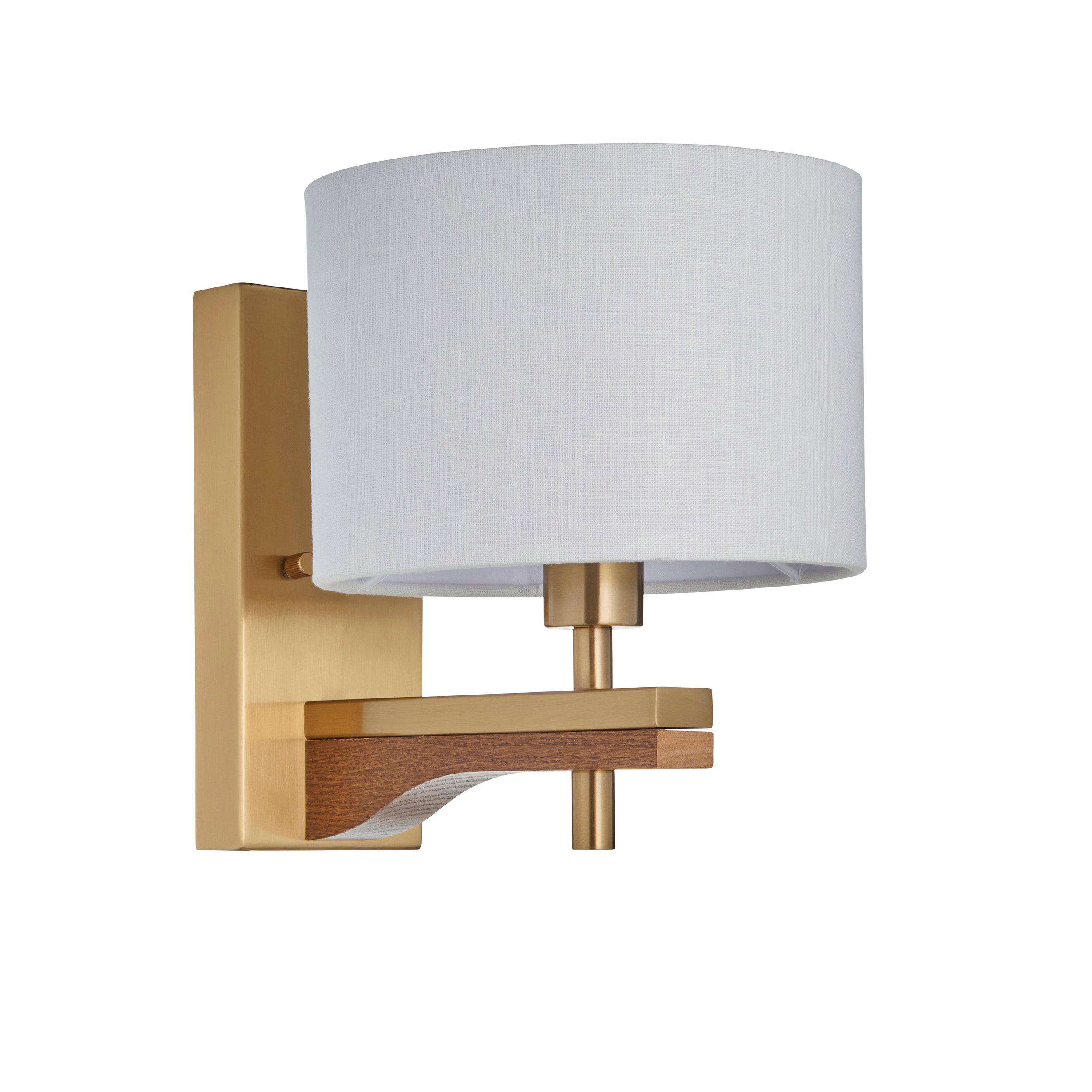 Endon Heathcliff Wall Light - Brushed Aged Brass Plate, Oak Stained Wood & Natural Faux Linen