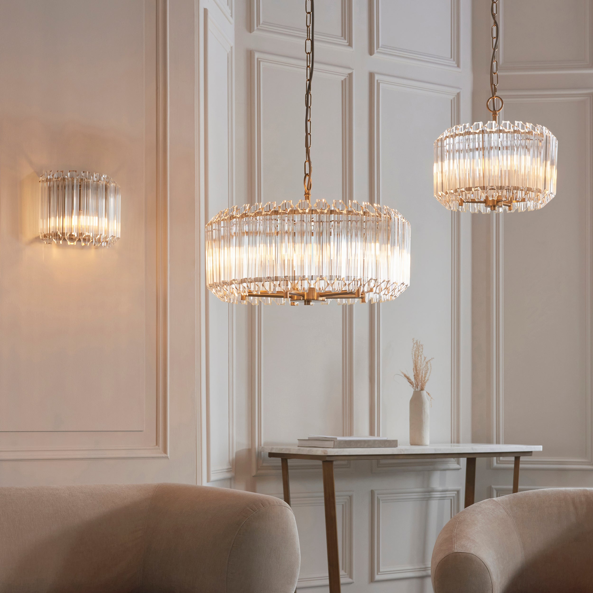 Endon Valentina 3 Light Pendant - Brushed Aged Brass Plate & Clear Glass