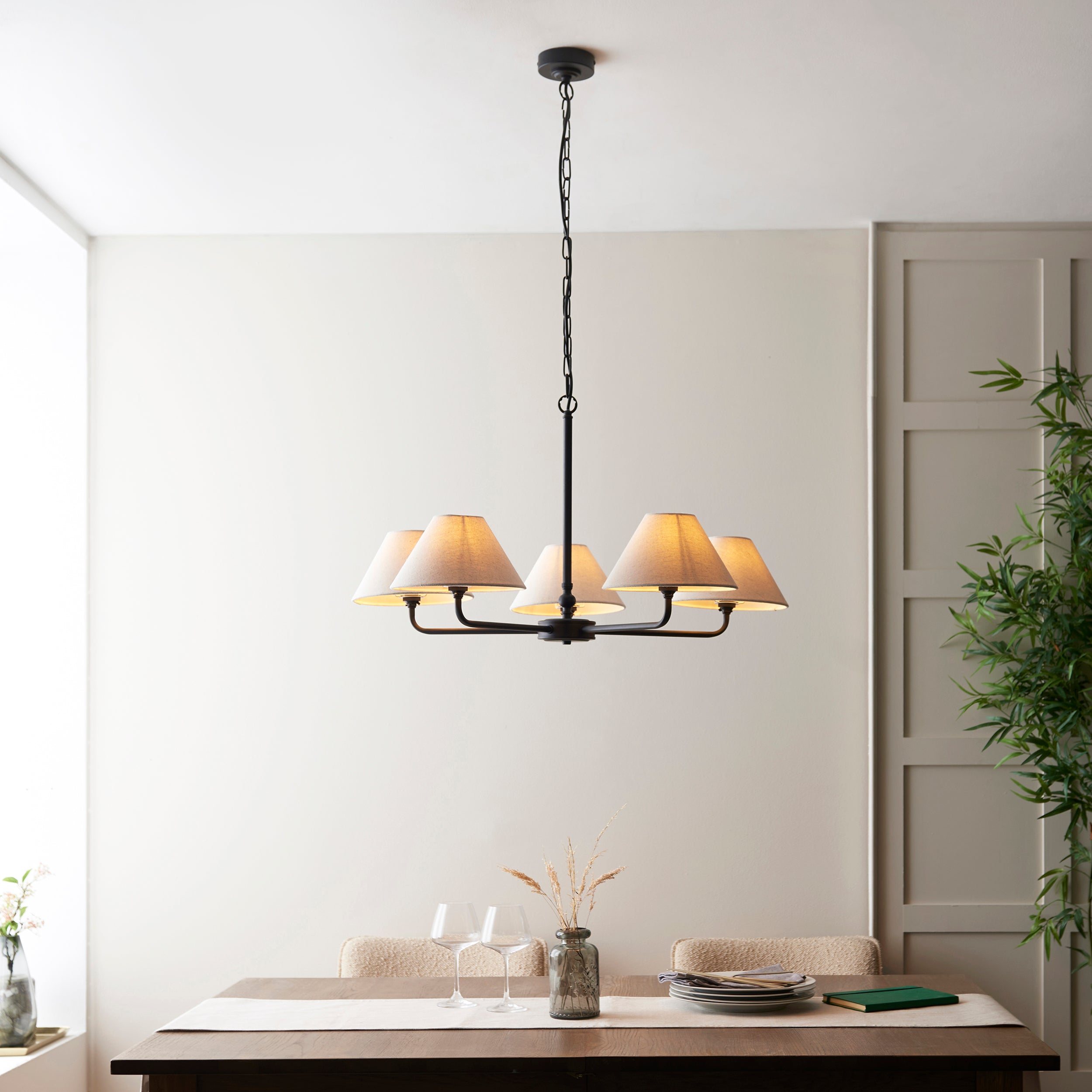 Endon Lille 5 Light Pendant - Matt Black & Natural Faux Linen
