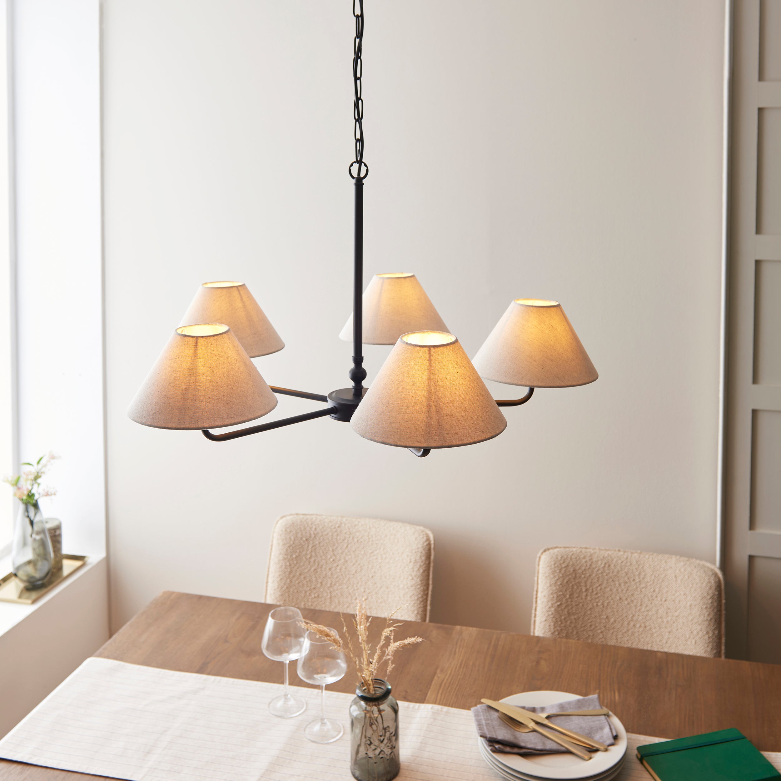 Endon Lille 5 Light Pendant - Matt Black & Natural Faux Linen