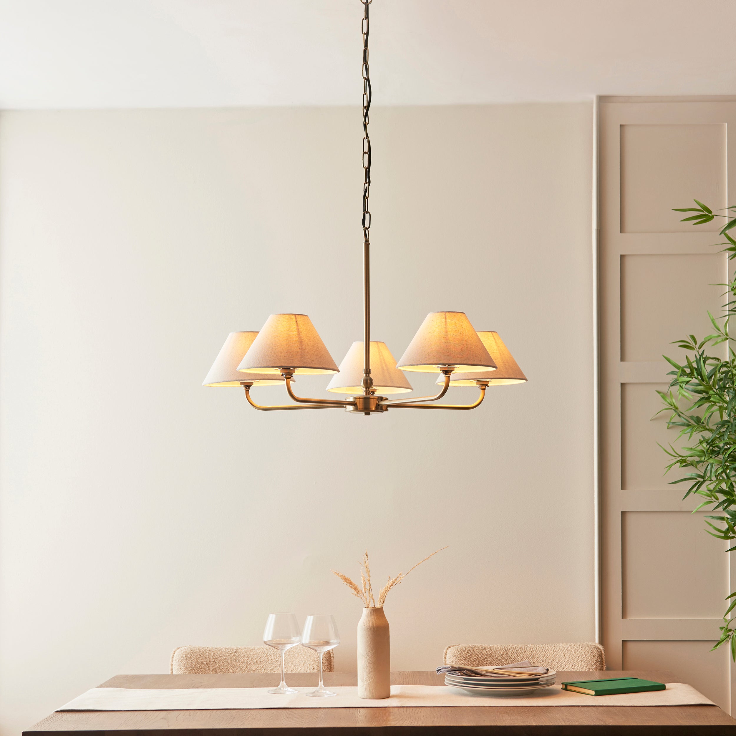 Endon Lille 5 Light Pendant - Antique Brass Plate & Natural Faux Linen