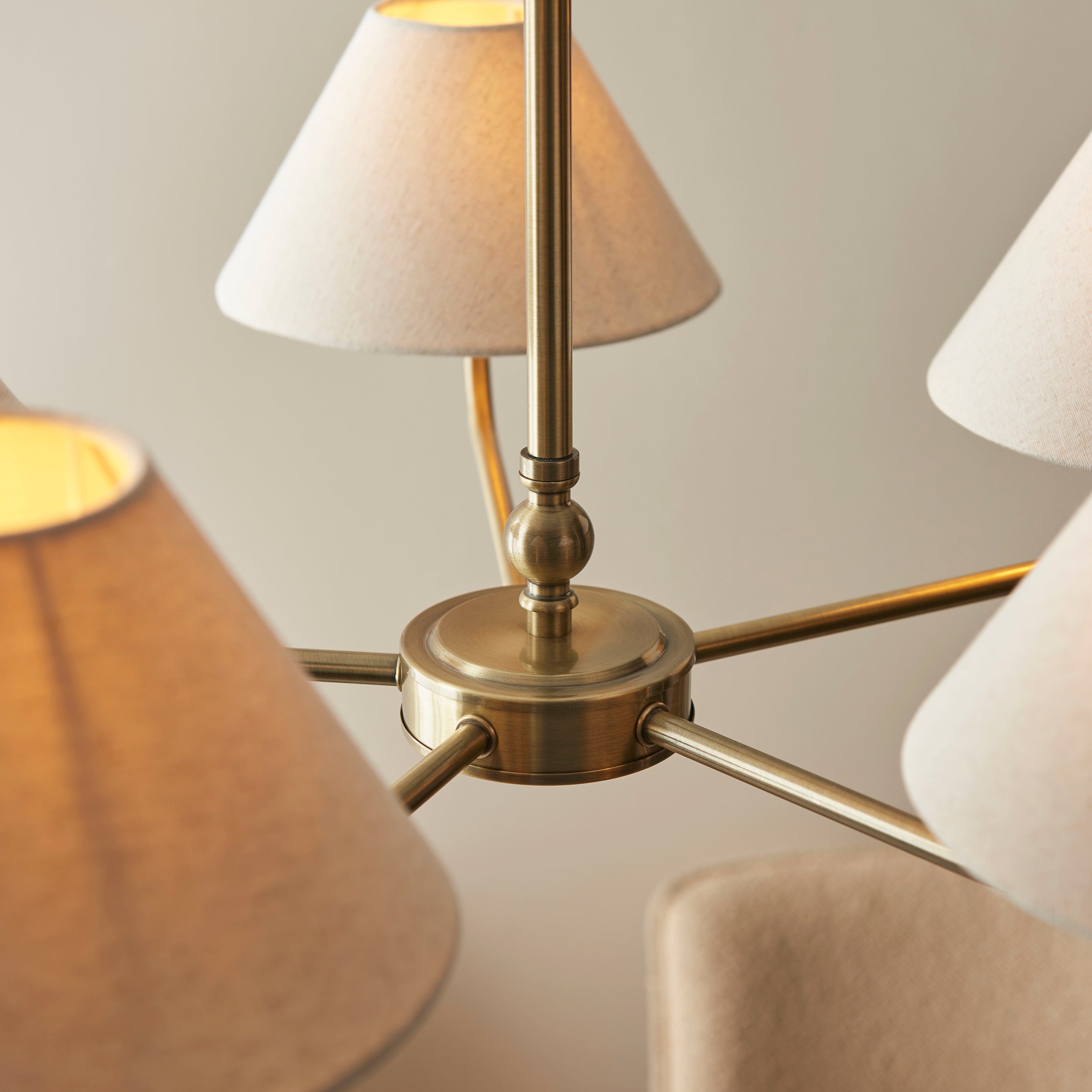 Endon Lille 5 Light Pendant - Antique Brass Plate & Natural Faux Linen