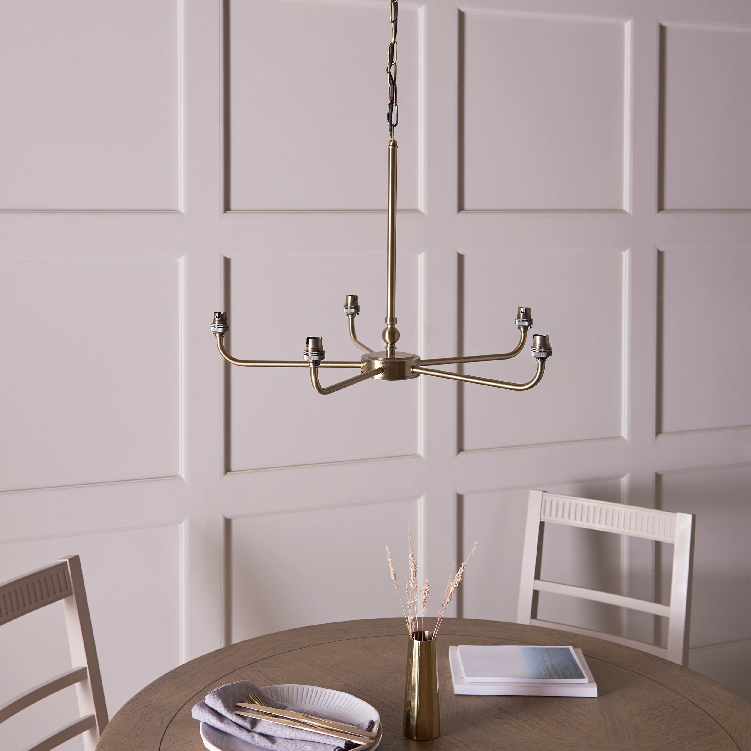 Endon Lille 5 Light Pendant - Antique Brass Plate & Natural Faux Linen
