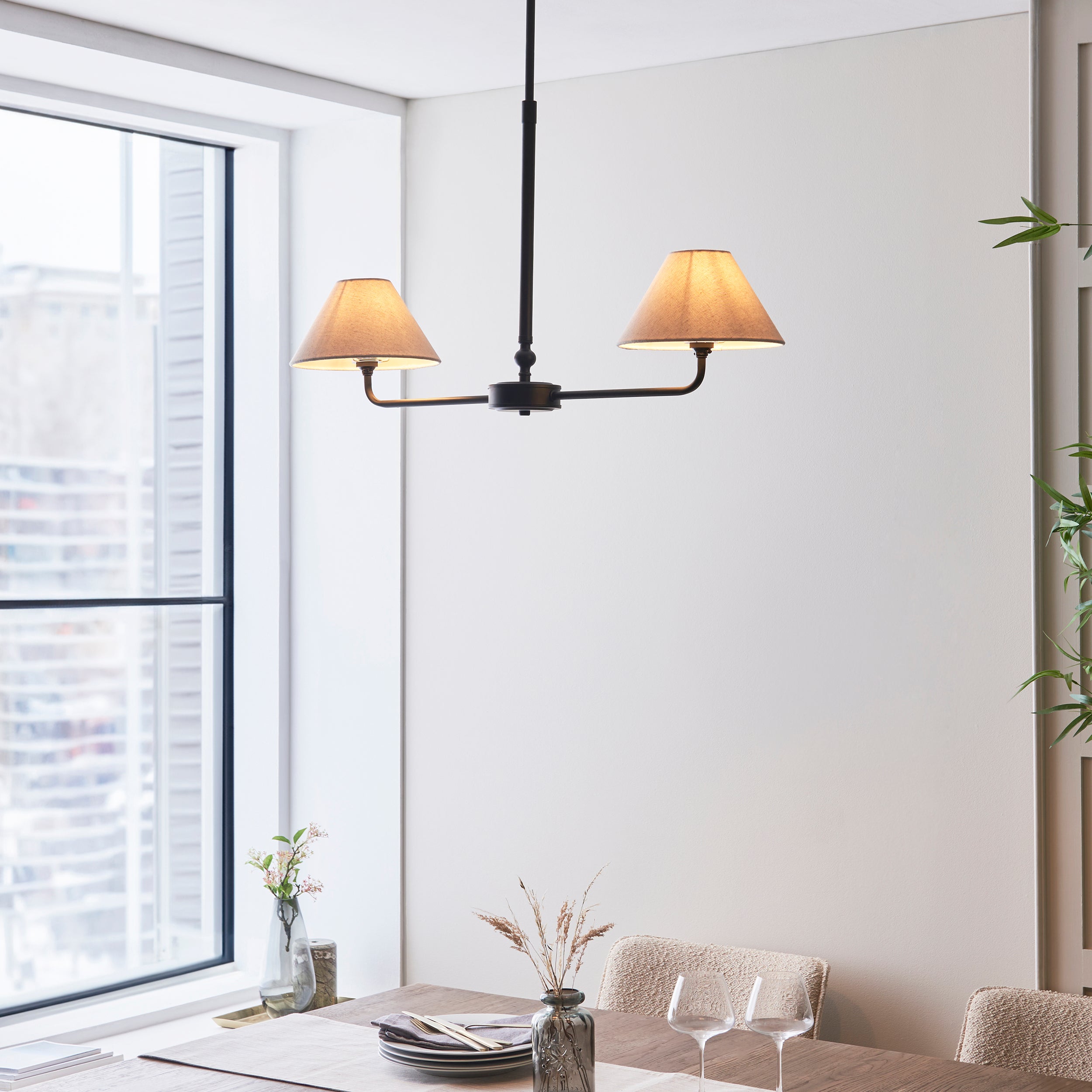 Endon Lille 2 Light Linear Pendant - Matt Black & Natural Faux Linen