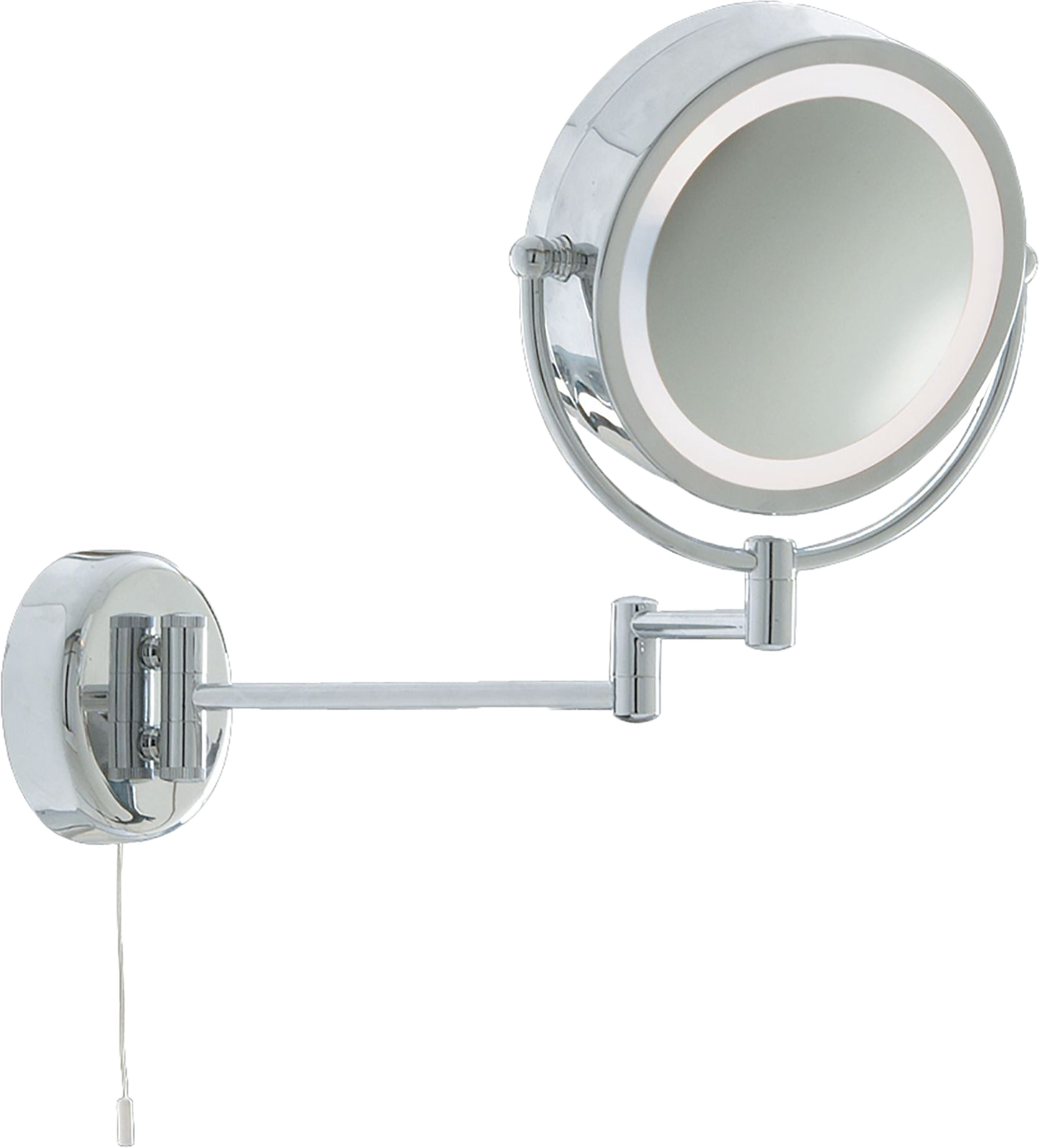 Searchlight illuminated bathroom mirror in chrome with a lit surround and extendable double jointed swing arm
