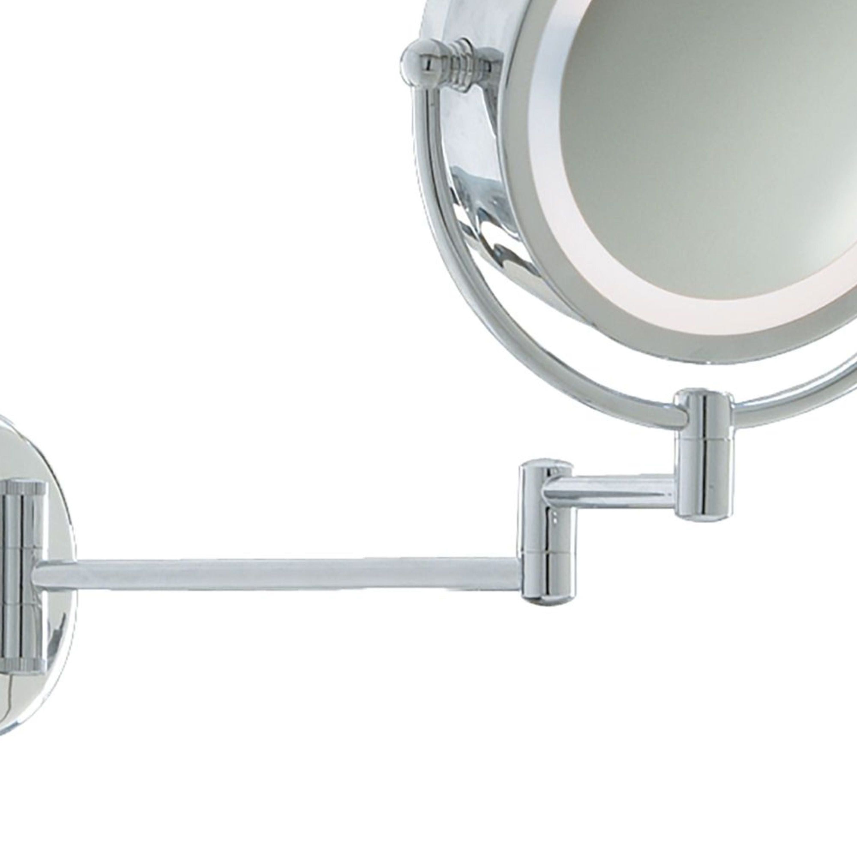 Close up of the chrome swing arm joints and wall mounted backplate with pull cord switch on the Searchlight illuminated bathroom mirror