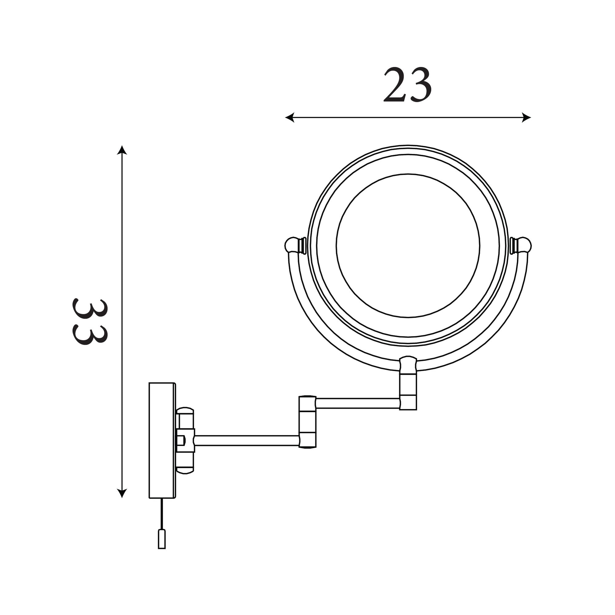 Technical line drawing of the Searchlight illuminated bathroom mirror showing dimensions of 33cm height and 23cm diameter