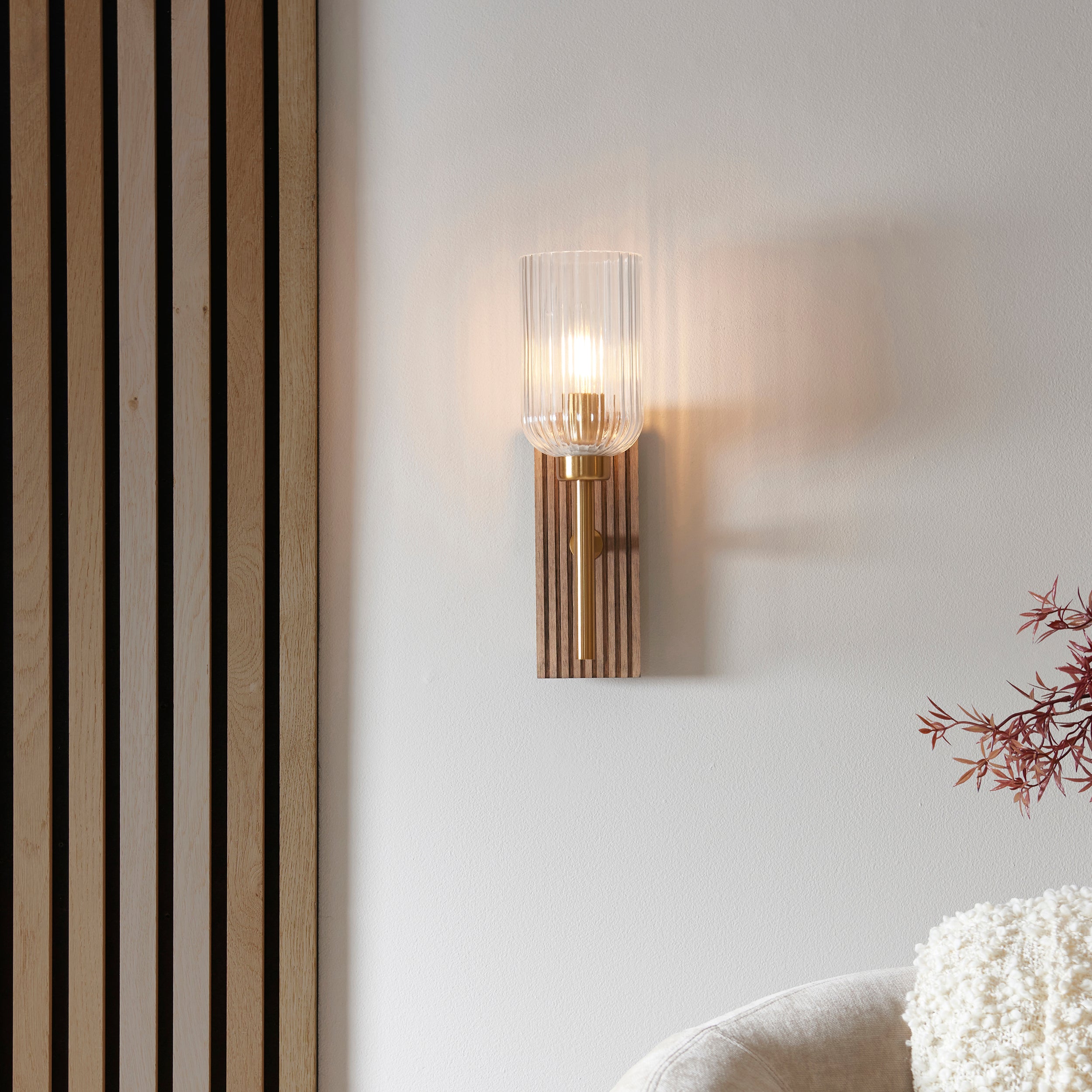 Endon Grove Wall Light - Dark Beechwood & Vintage Brass With Clear Ribbed Glass