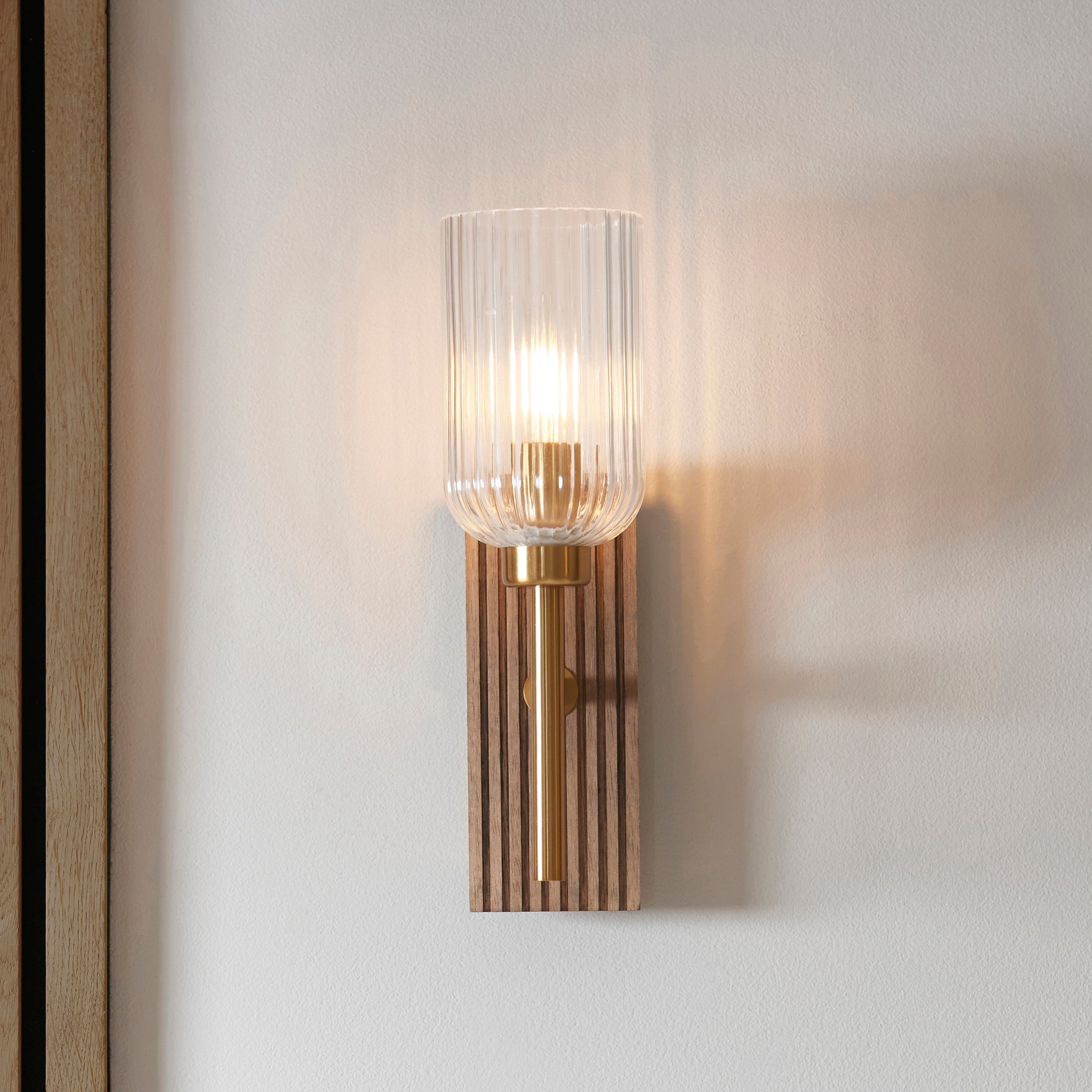 Endon Grove Wall Light - Dark Beechwood & Vintage Brass With Clear Ribbed Glass