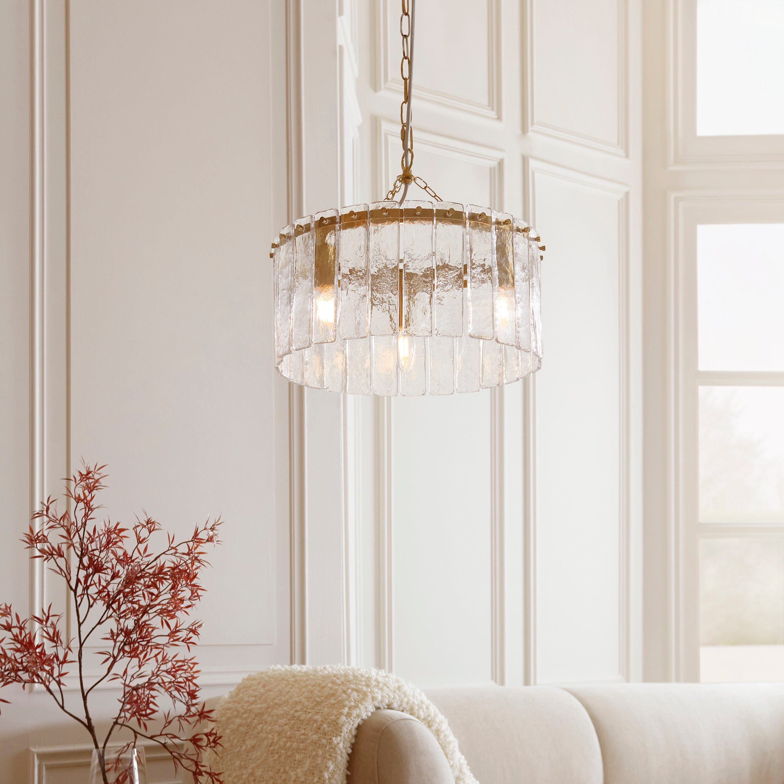 Endon Karine 3 Light Pendant - Brushed Aged Brass Plate & Clear Handmade Textured Glass