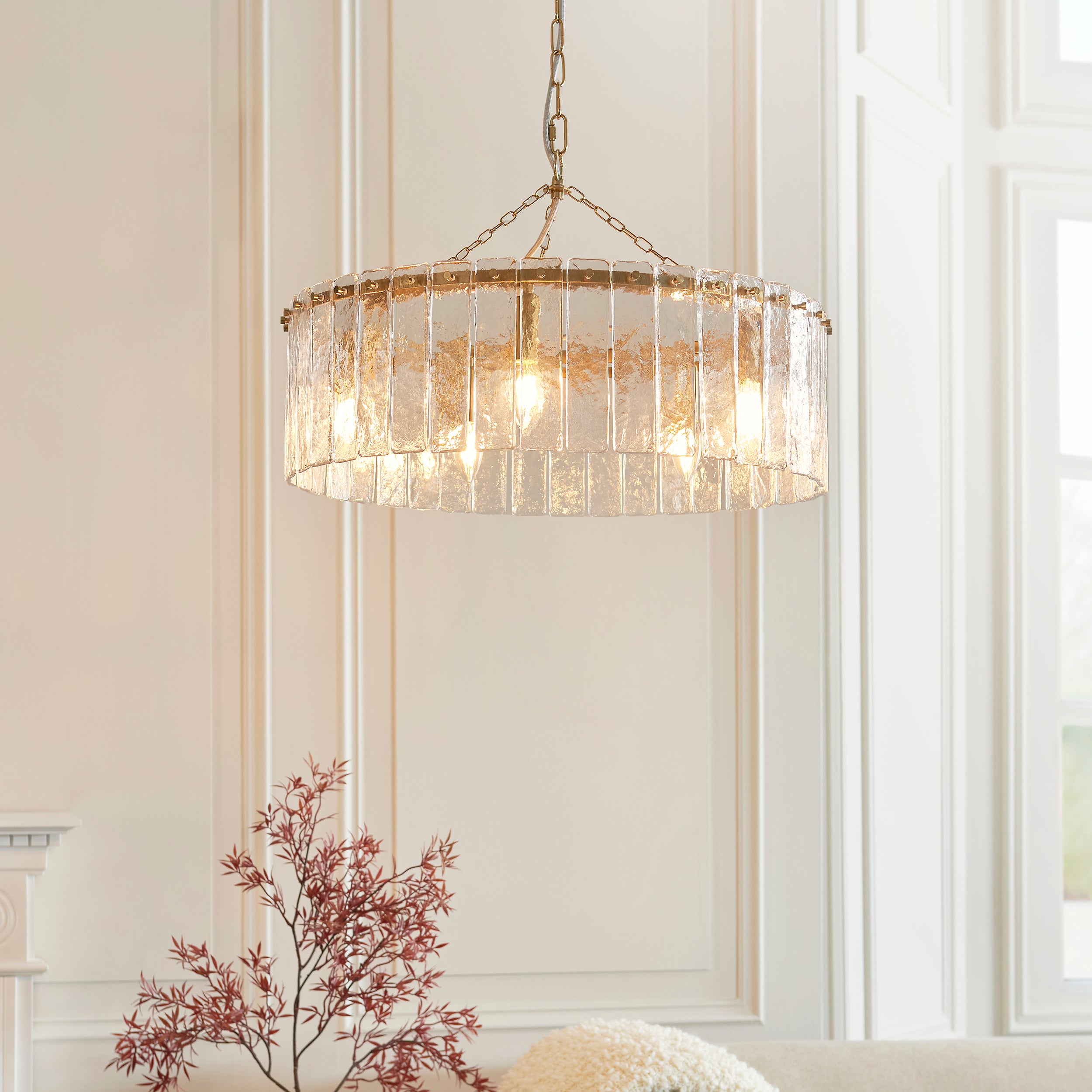 Endon Karine 5 Light Pendant - Brushed Aged Brass Plate & Clear Handmade Textured Glass