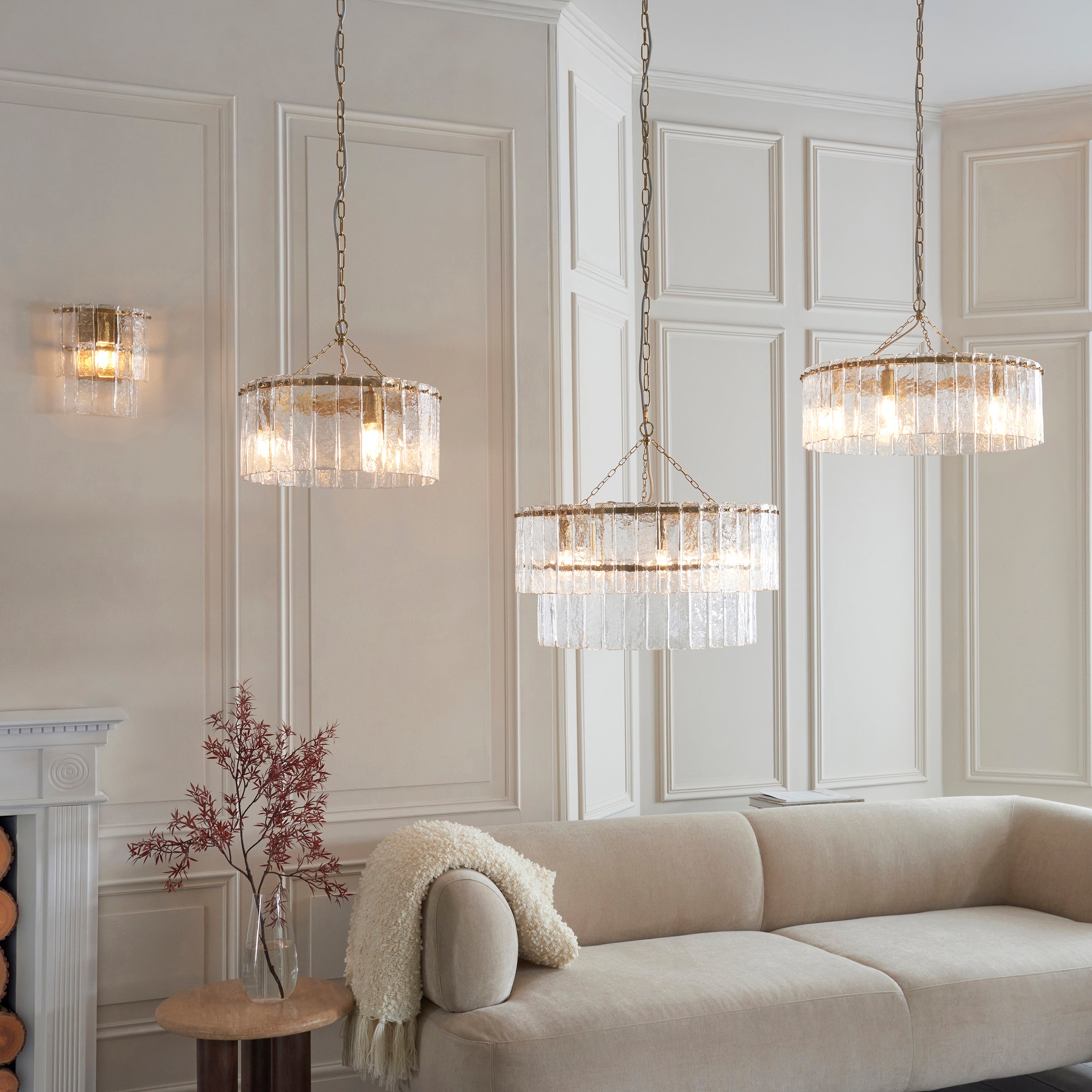 Endon Karine 5 Light Tiered Pendant - Brushed Aged Brass Plate & Clear Handmade Textured Glass