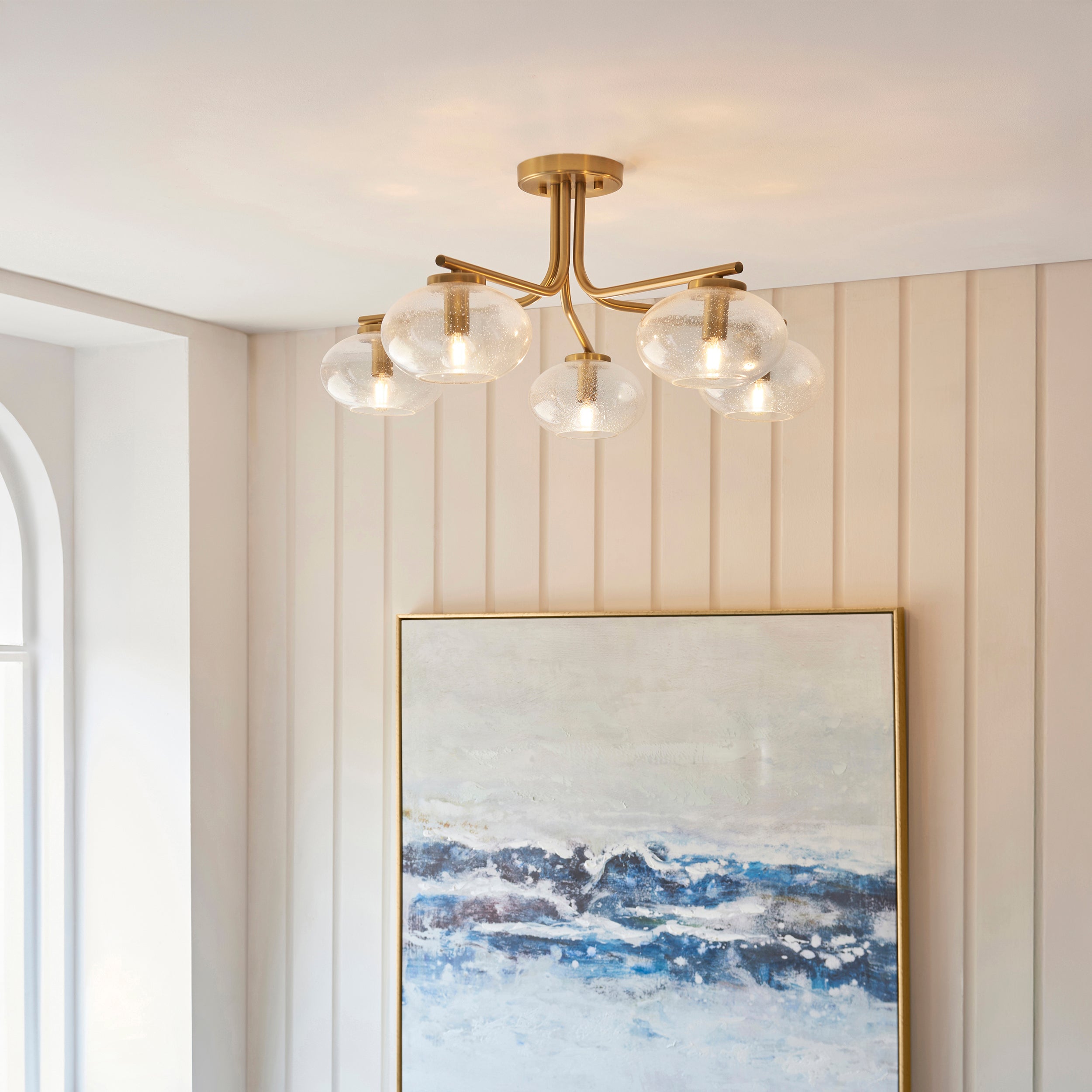 Endon Jacob 5 Light Semi Flush Ceiling Light - Warm Brass Plate & Clear Bubble Glass