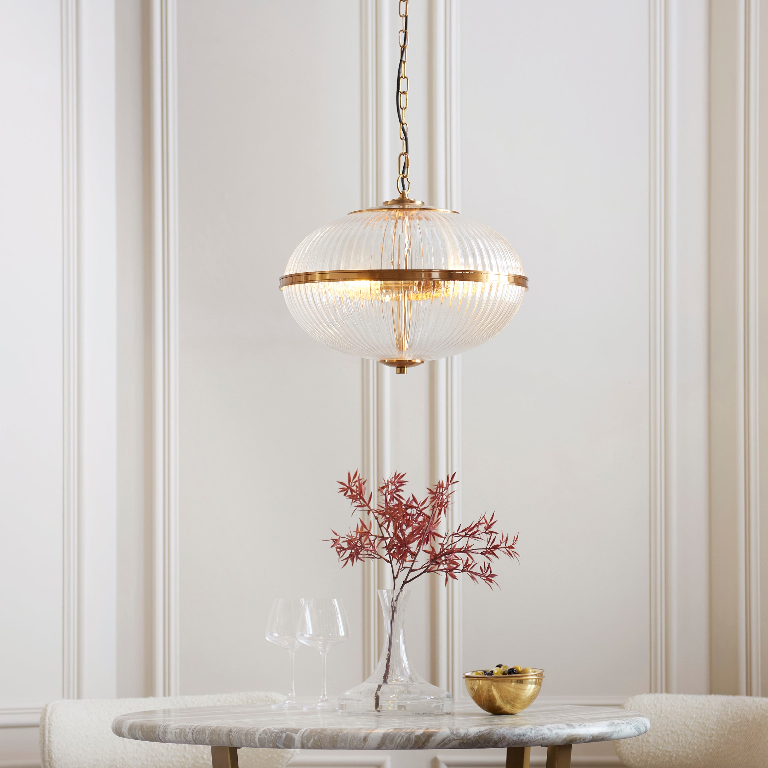 Endon Somerset 3 Light Pendant - Vintage Brass Finish & Clear Ribbed Glass