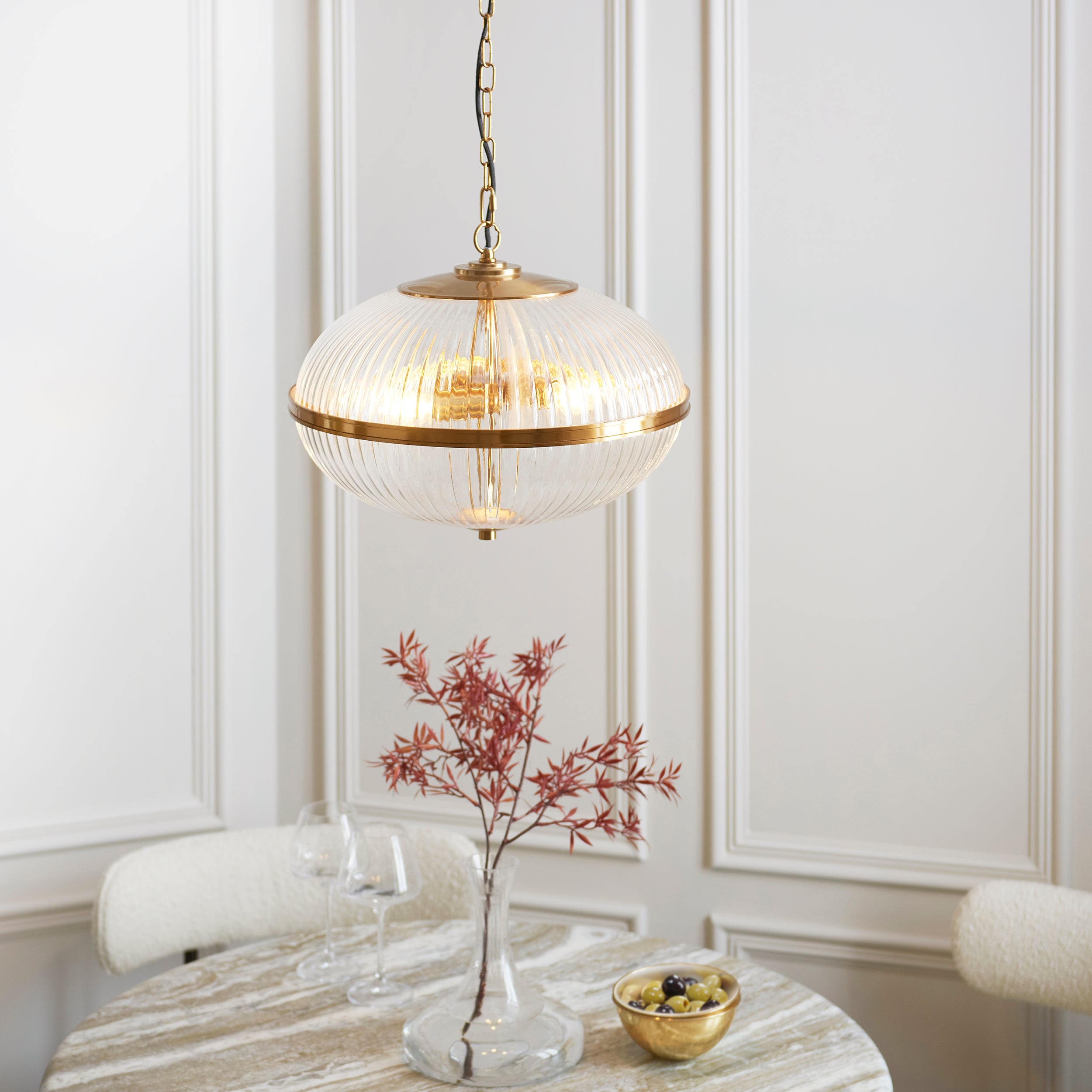 Endon Somerset 3 Light Pendant - Vintage Brass Finish & Clear Ribbed Glass